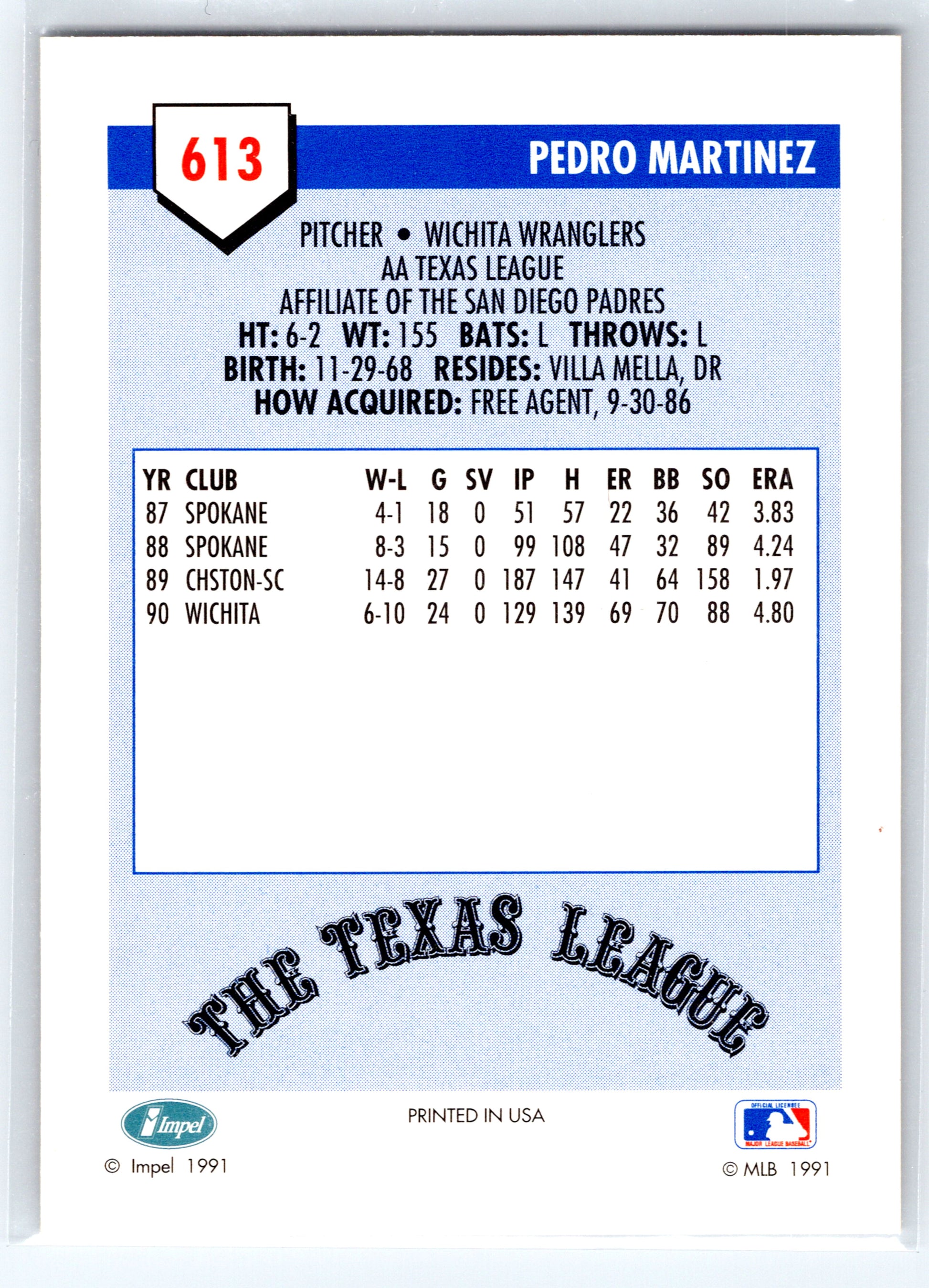 1991 Line Drive AA #613 Pedro Martinez