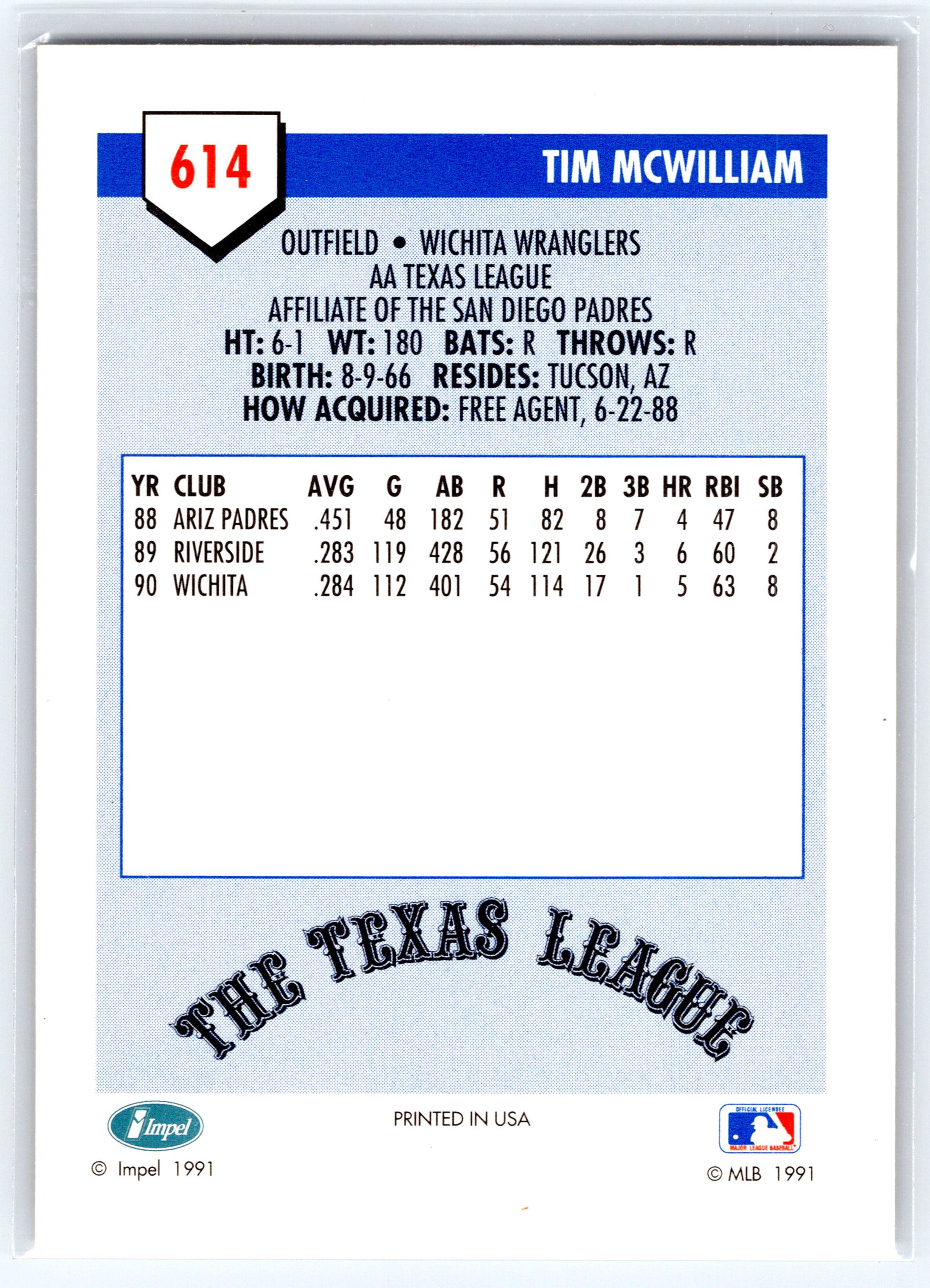 1991 Line Drive AA #614 Tim McWilliam