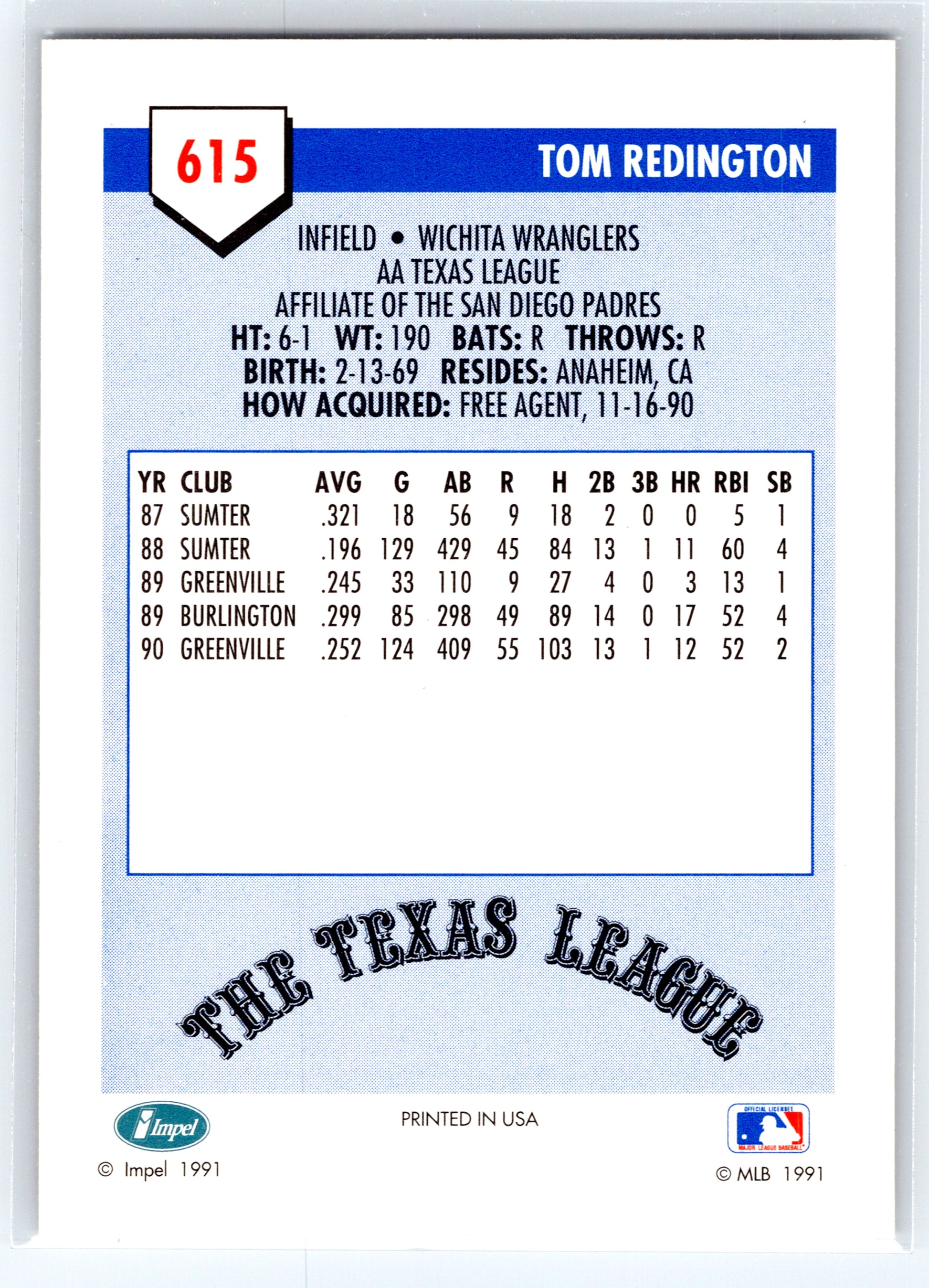 1991 Line Drive AA #615 Tom Redington