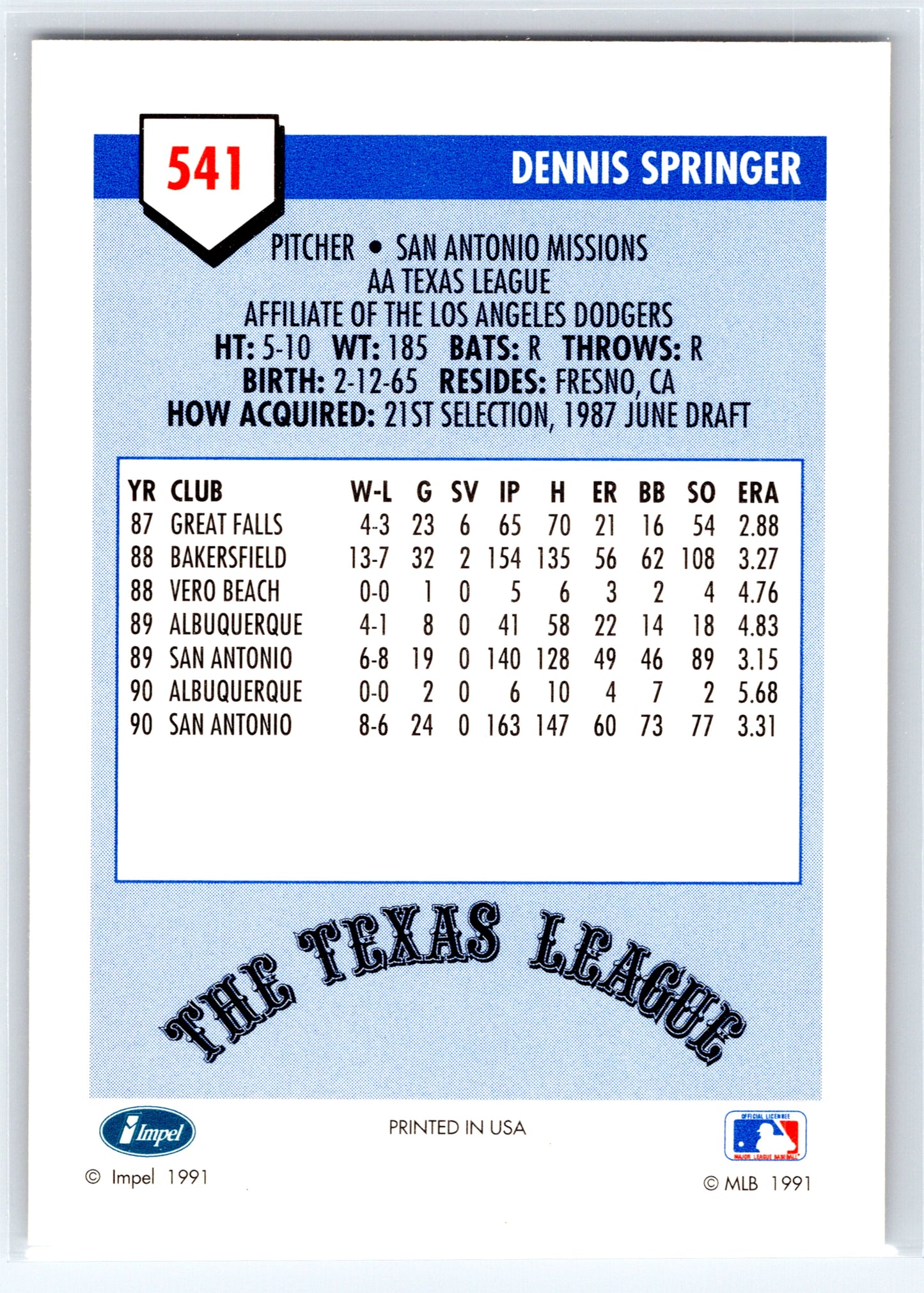 1991 Line Drive AA #541 Dennis Springer