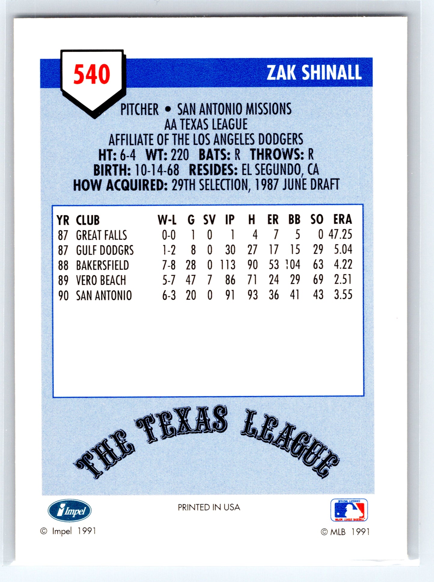 1991 Line Drive AA #540 Zak Shinall