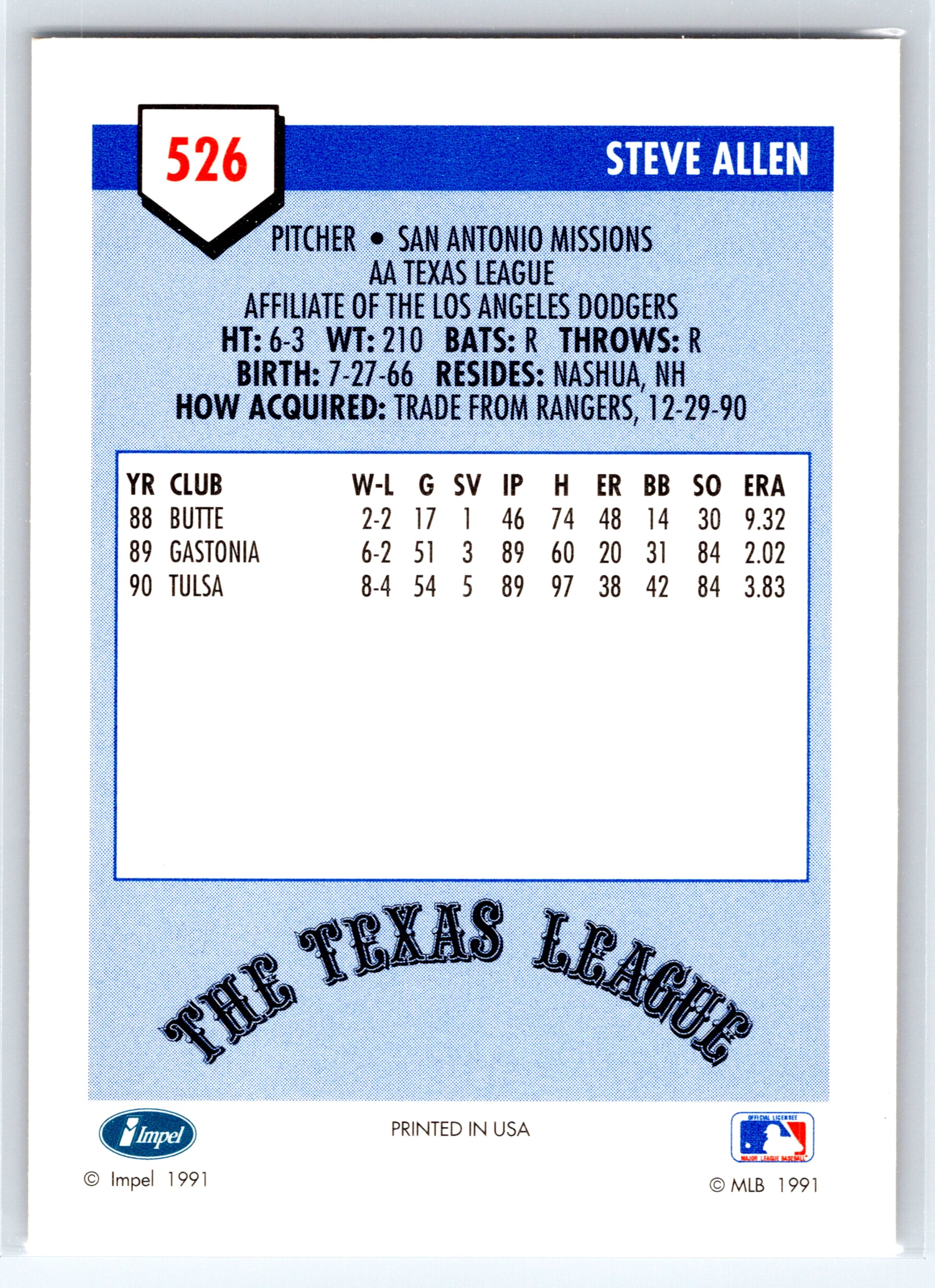 1991 Line Drive AA #526 Steve Allen