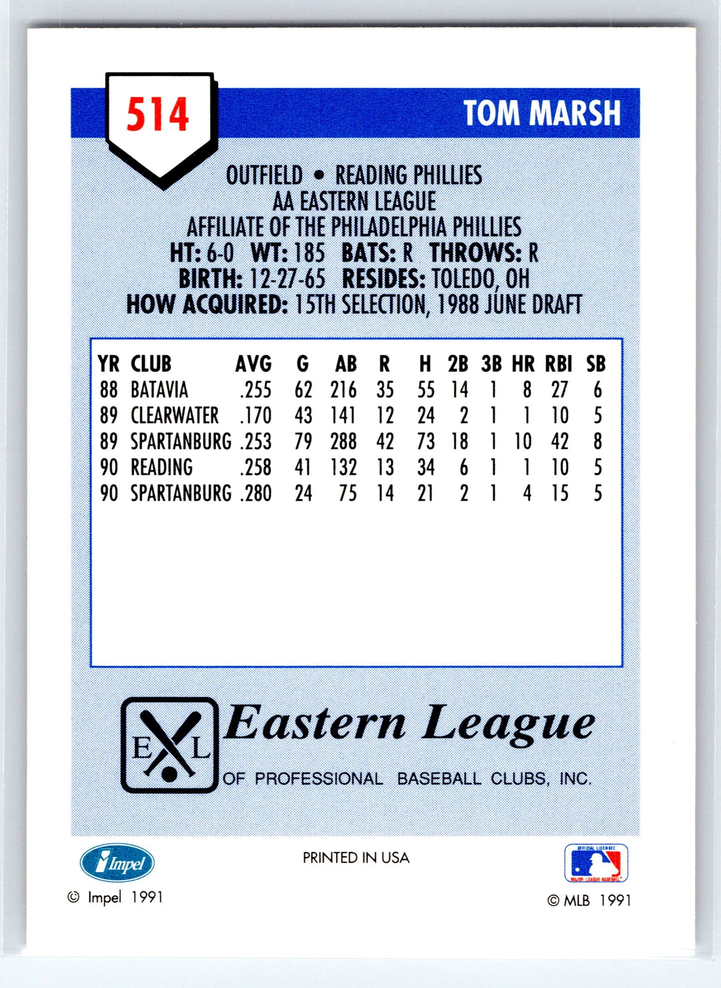 1991 Line Drive AA #514 Tom Marsh