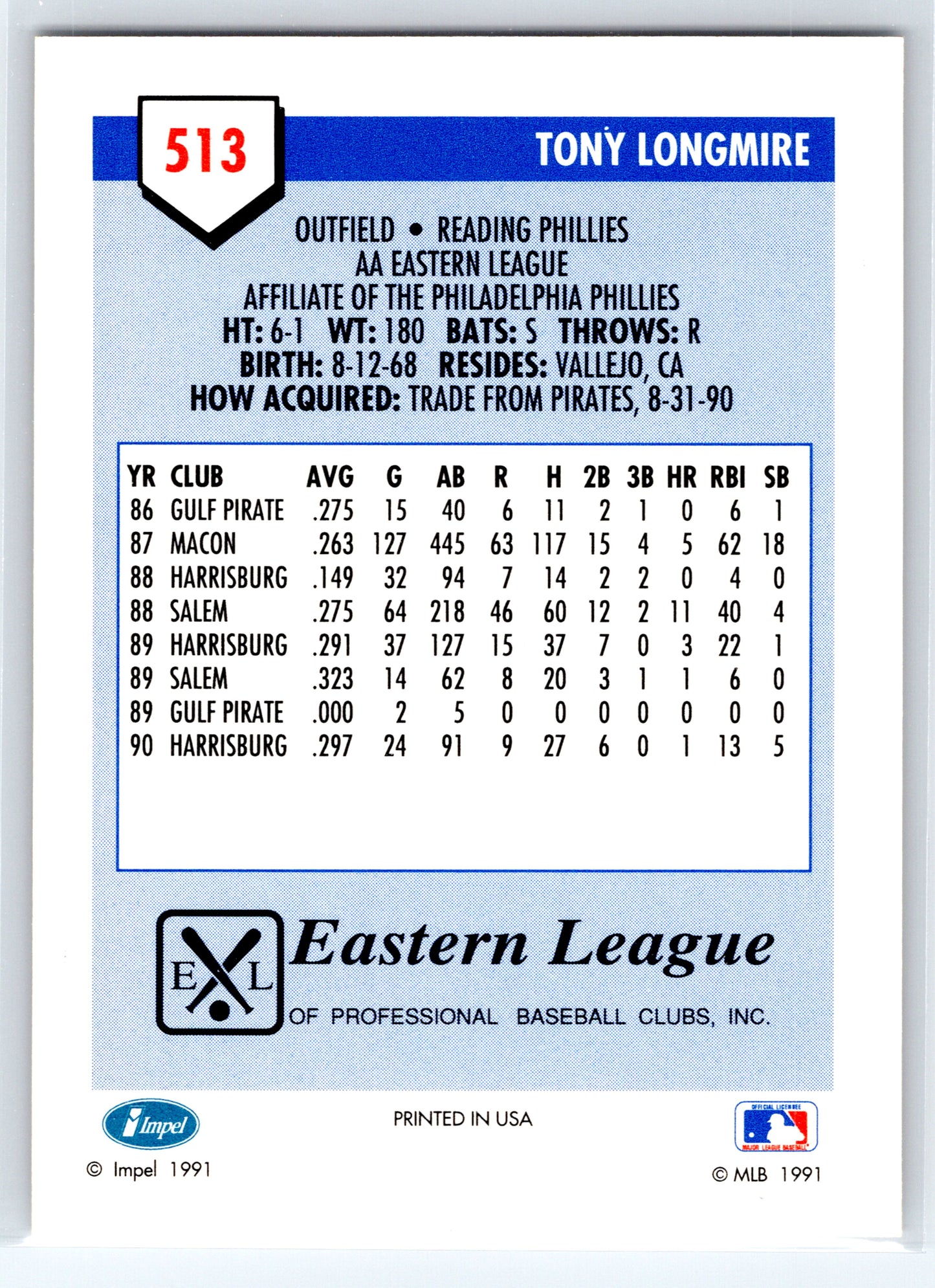 1991 Line Drive AA #513 Tony Longmire