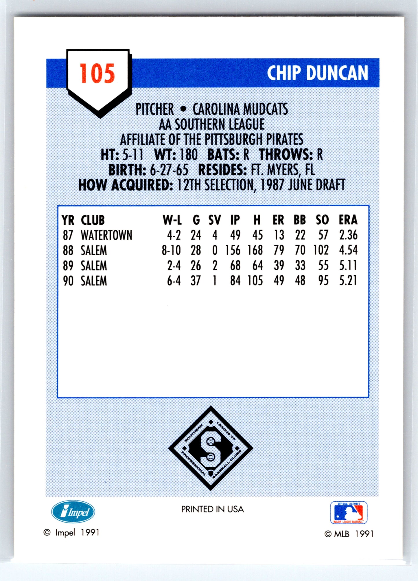 1991 Line Drive AA #105 Chip Duncan