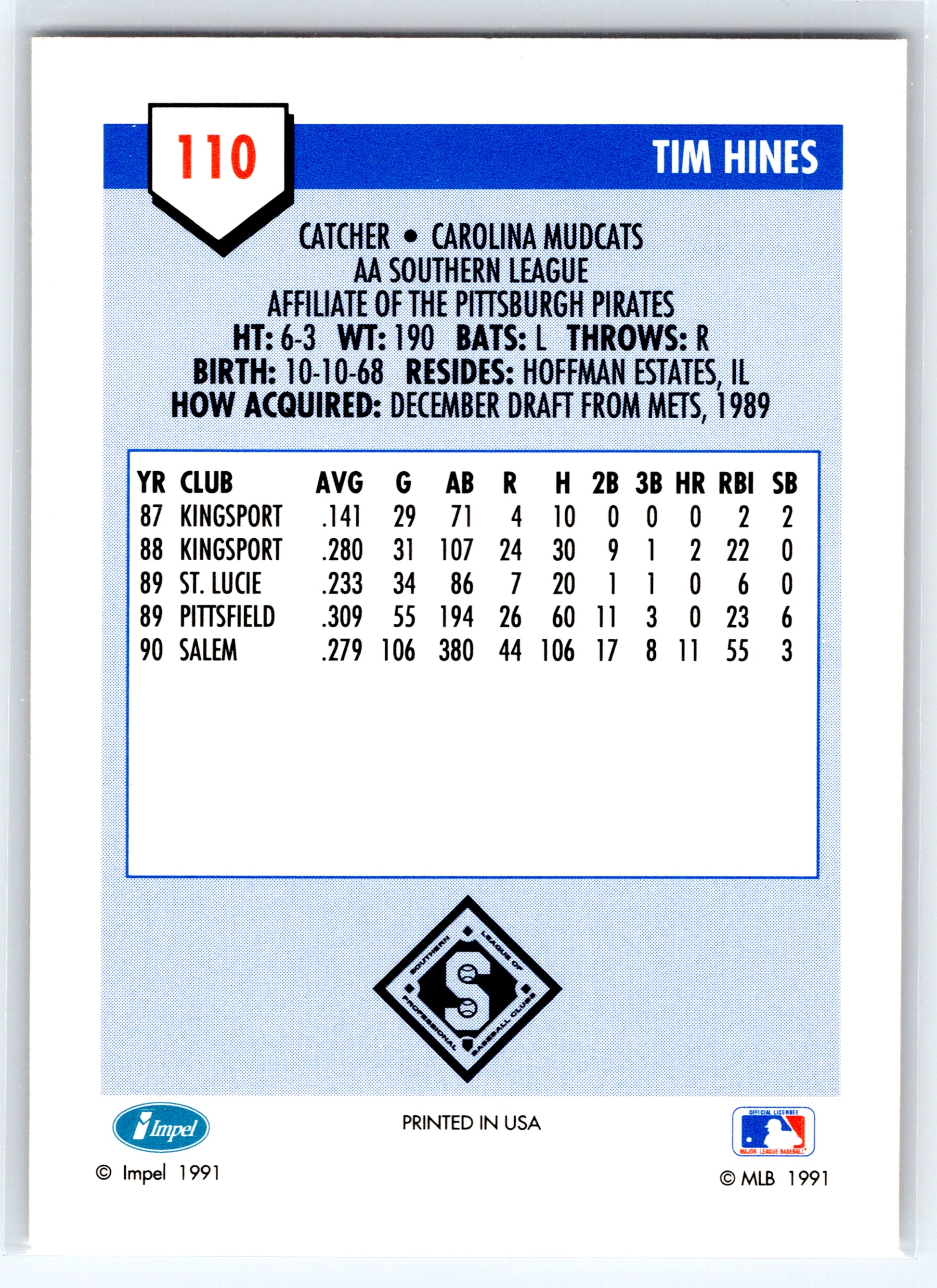 1991 Line Drive AA #110 Tim Hines