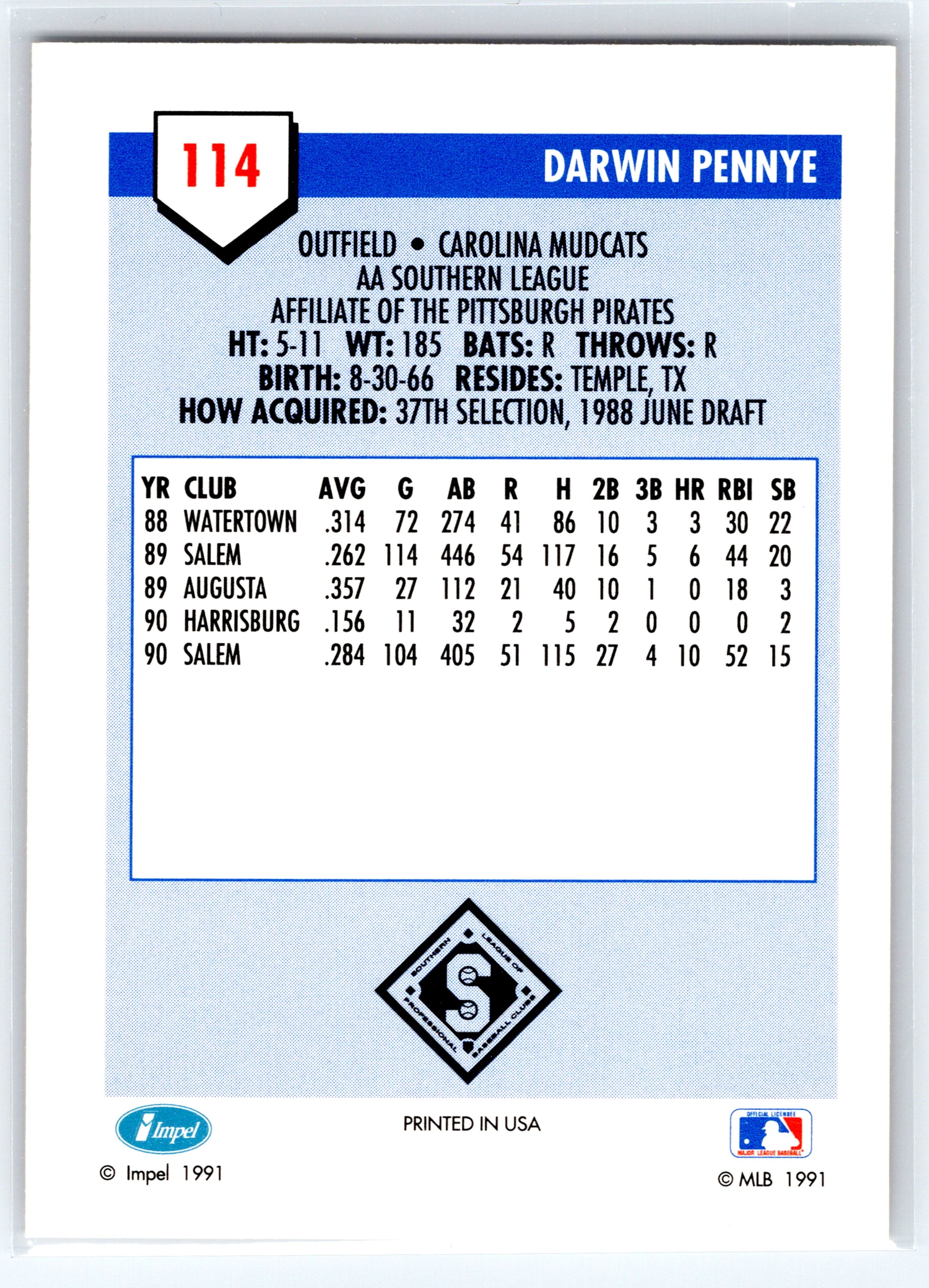1991 Line Drive AA #114 Darwin Pennye