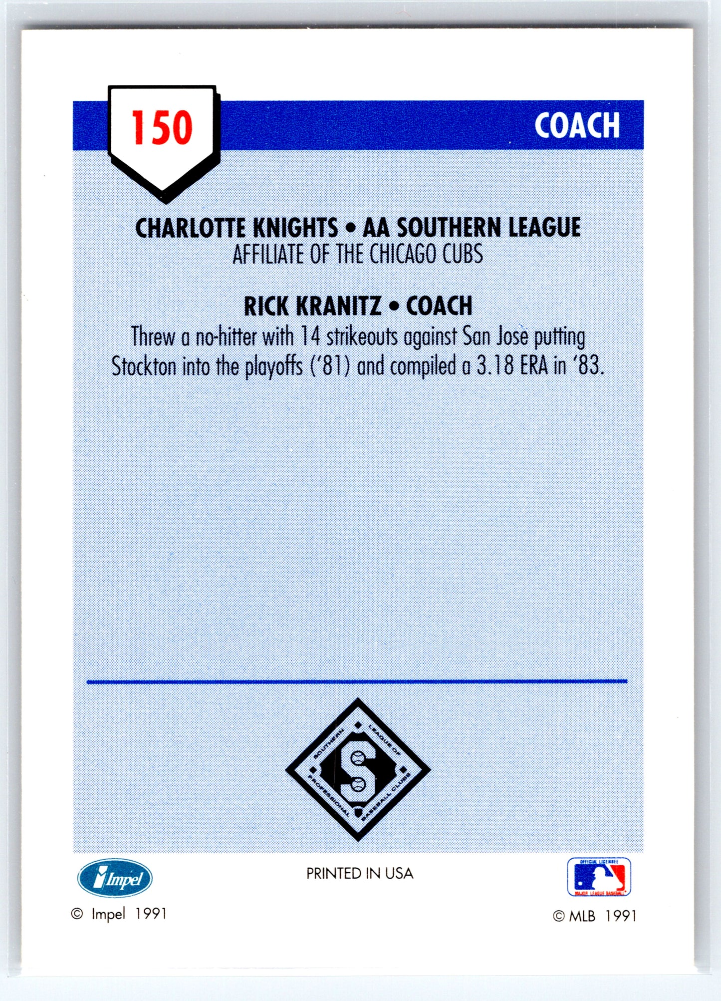 1991 Line Drive AA #150 Rick Kranitz