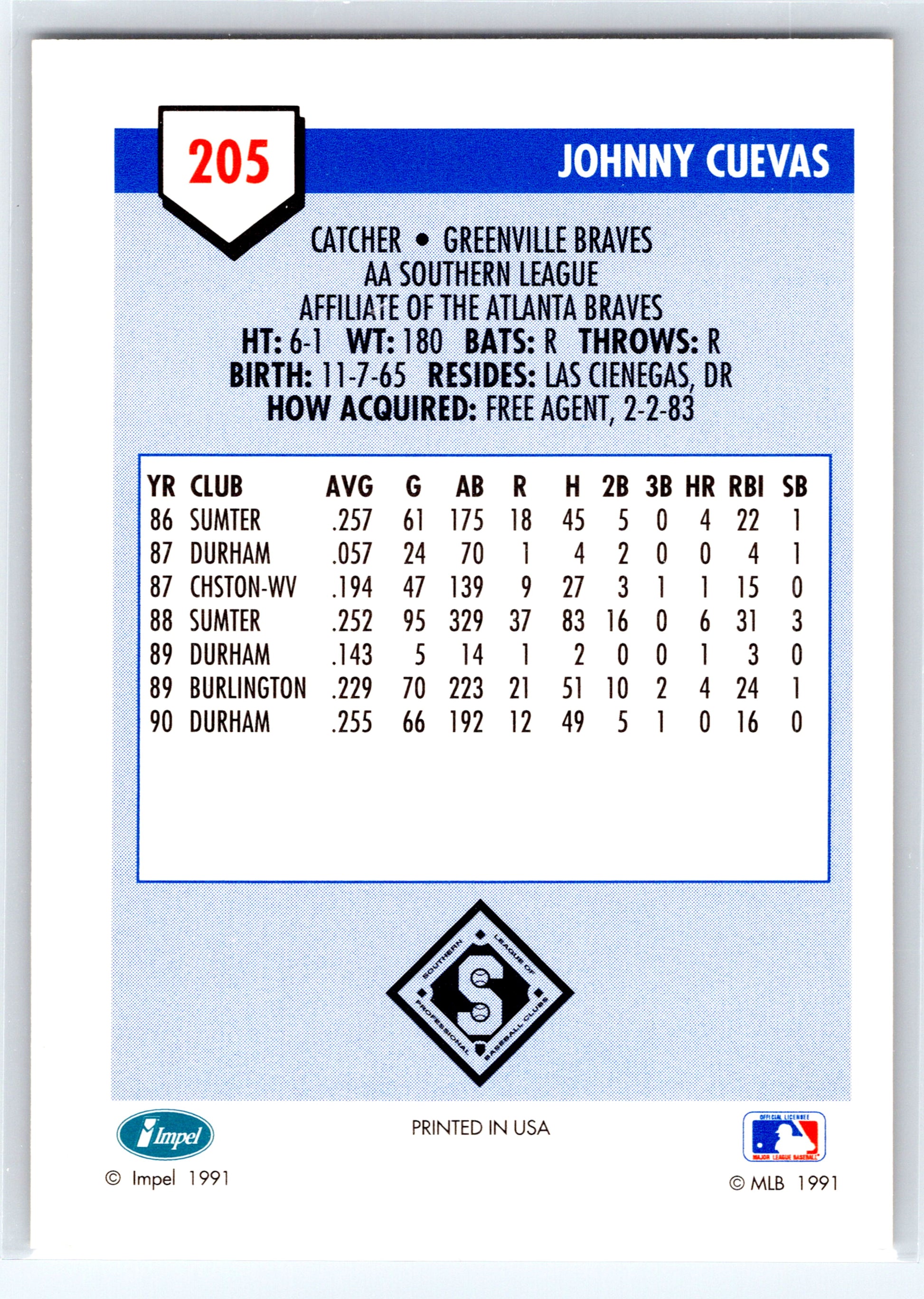 1991 Line Drive AA #205 Johnny Cuevas