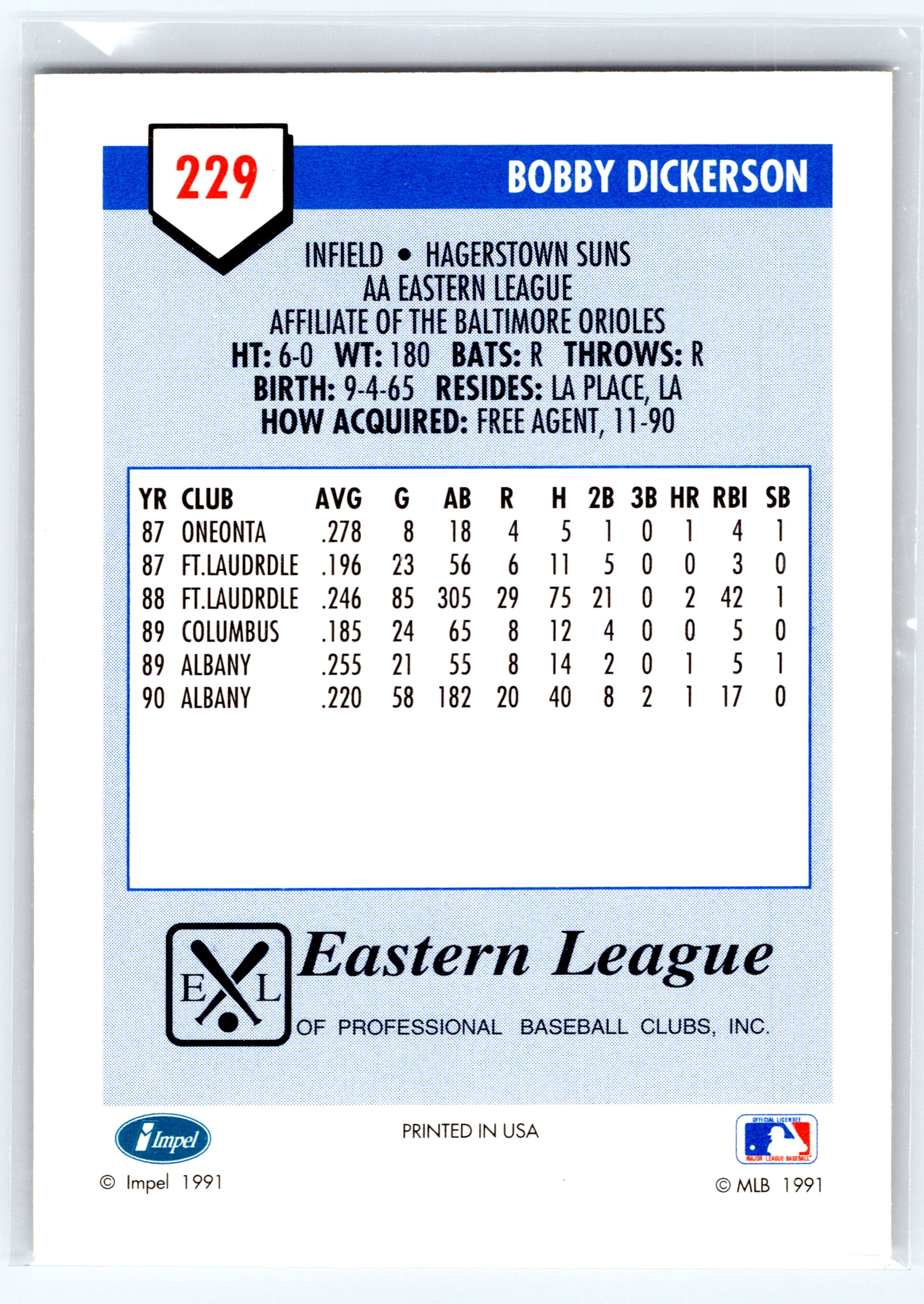 1991 Line Drive AA #229 Bobby Dickerson