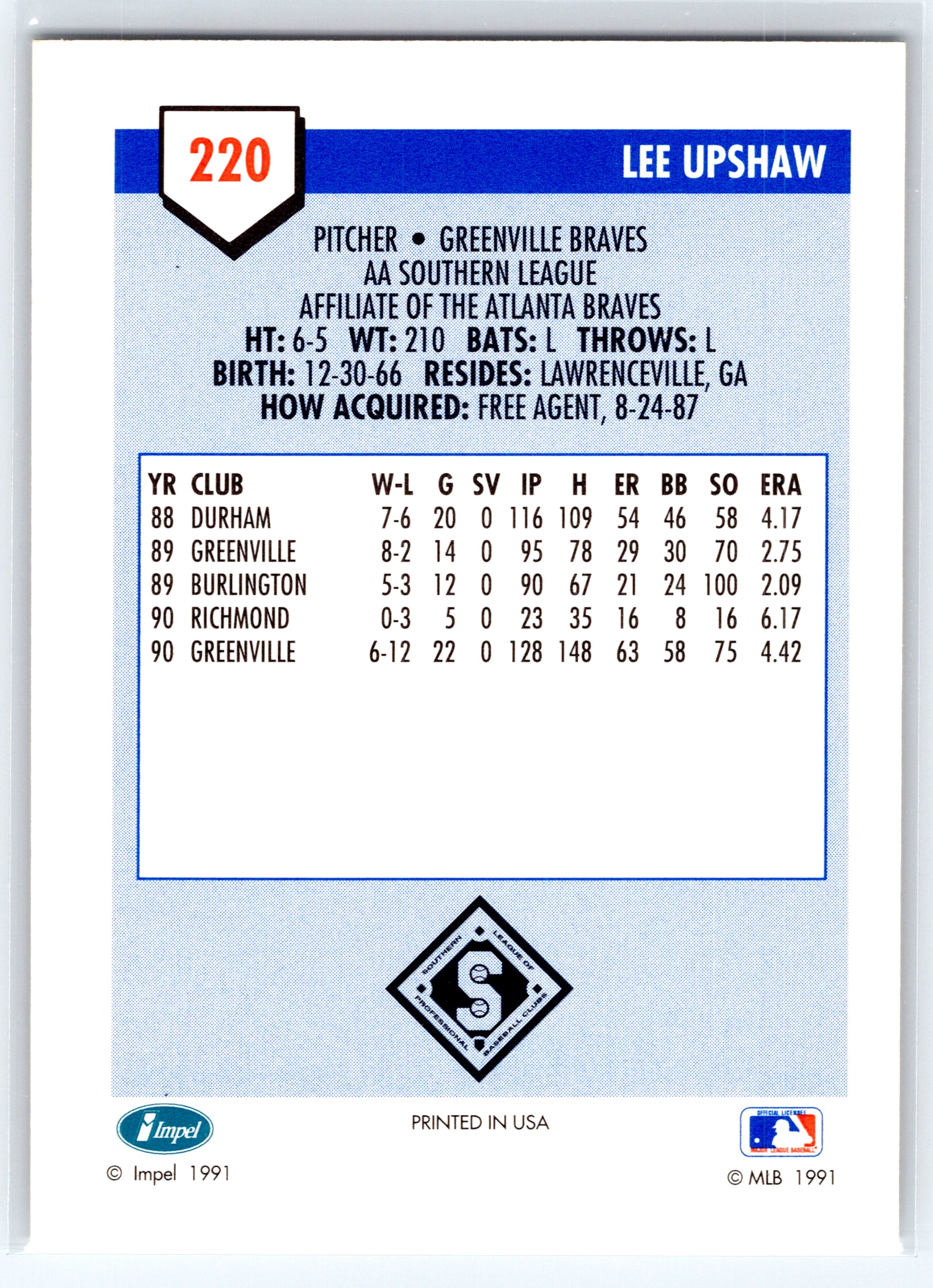 1991 Line Drive AA #220 Lee Upshaw