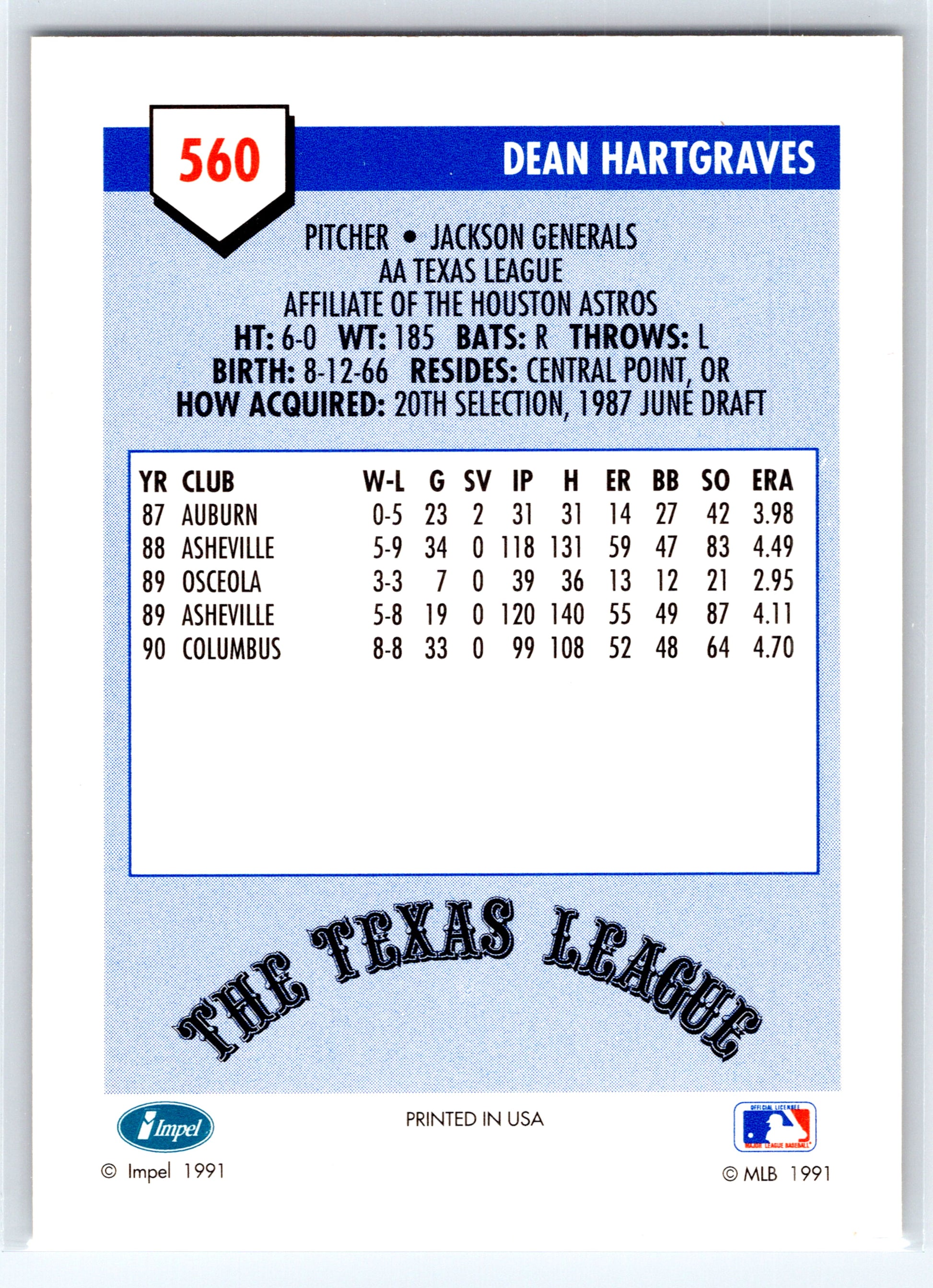 1991 Line Drive AA #560 Dean Hartgraves