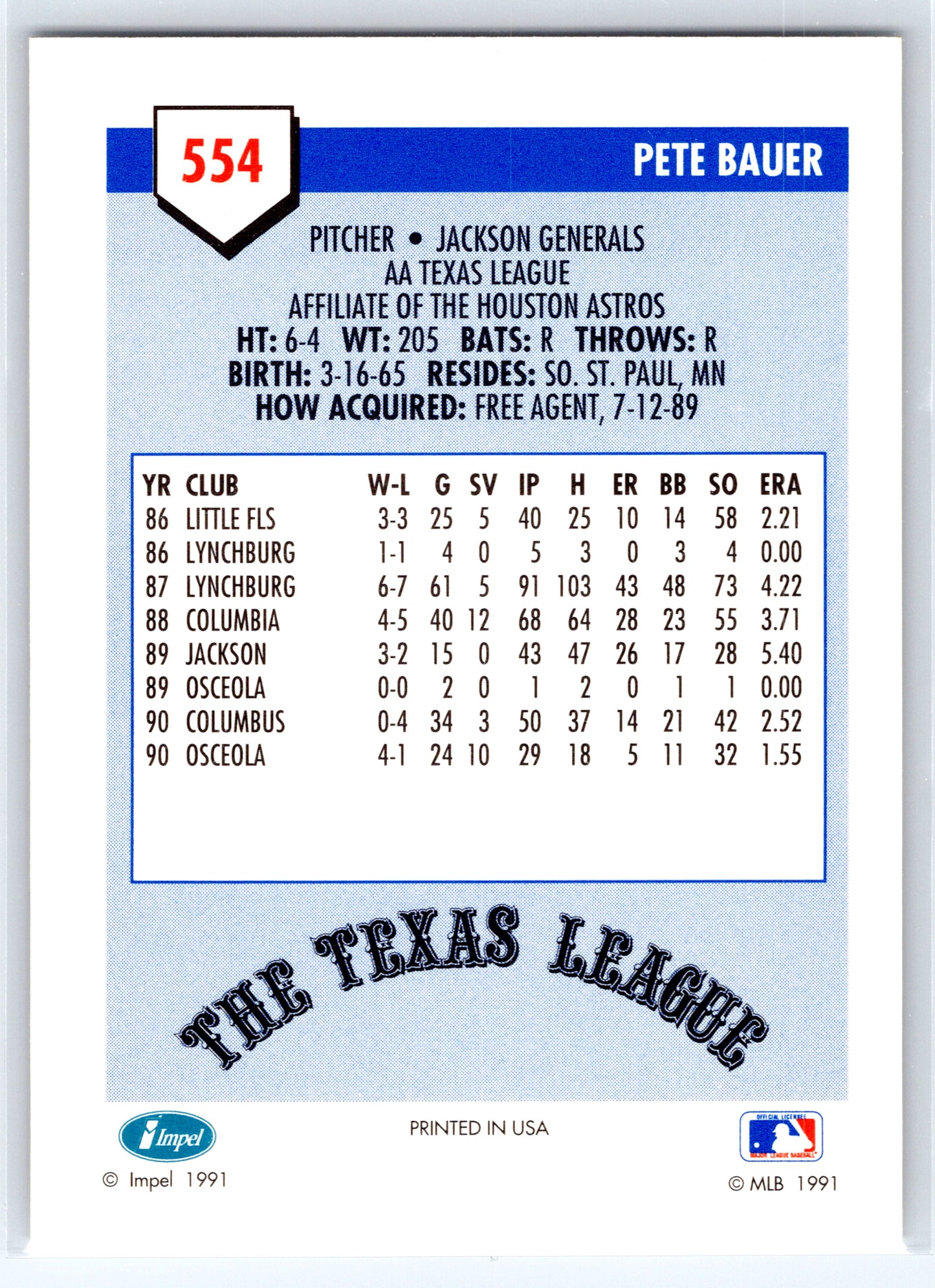 1991 Line Drive AA #554 Pete Bauer