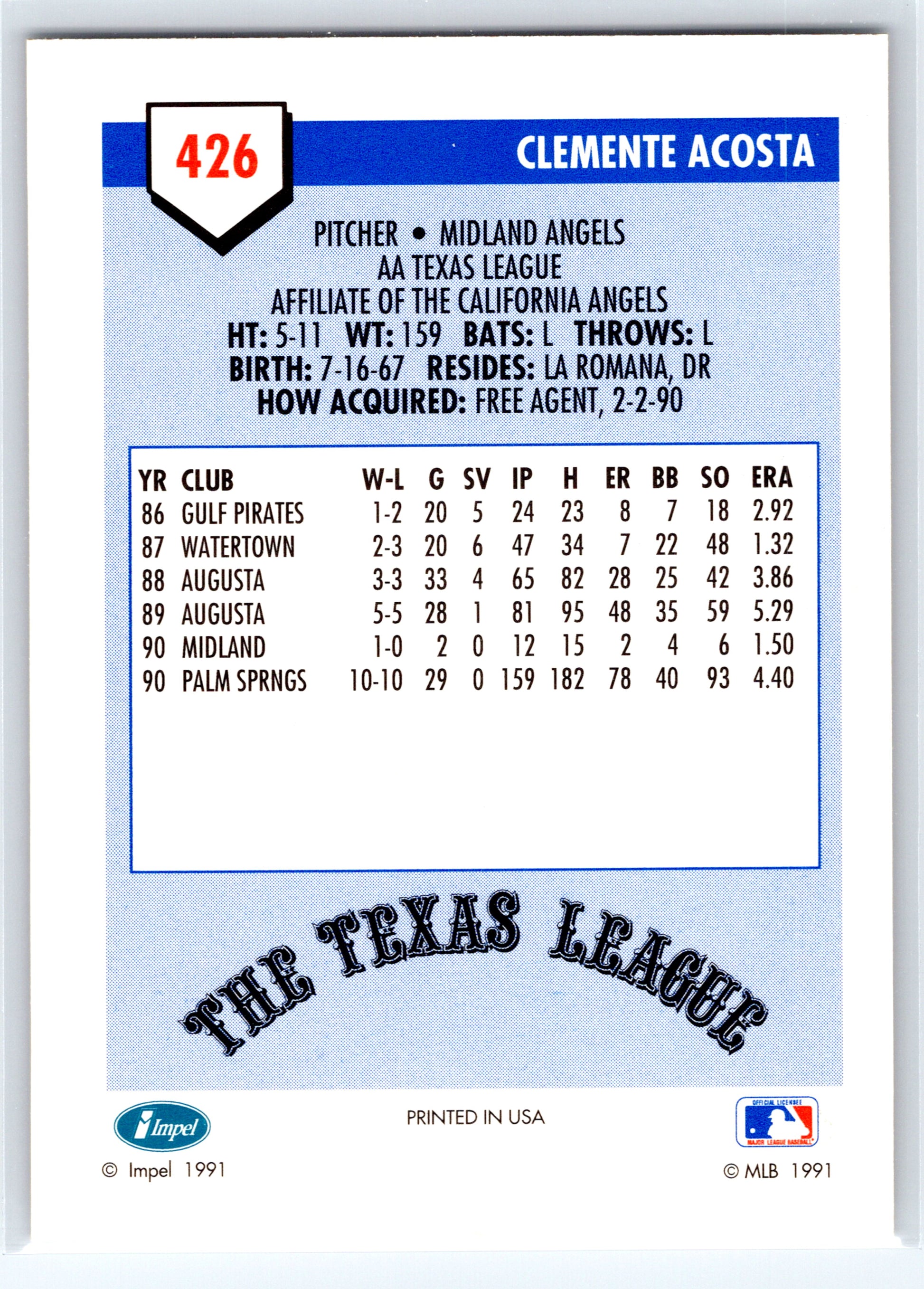 1991 Line Drive AA #426 Clemente Acosta