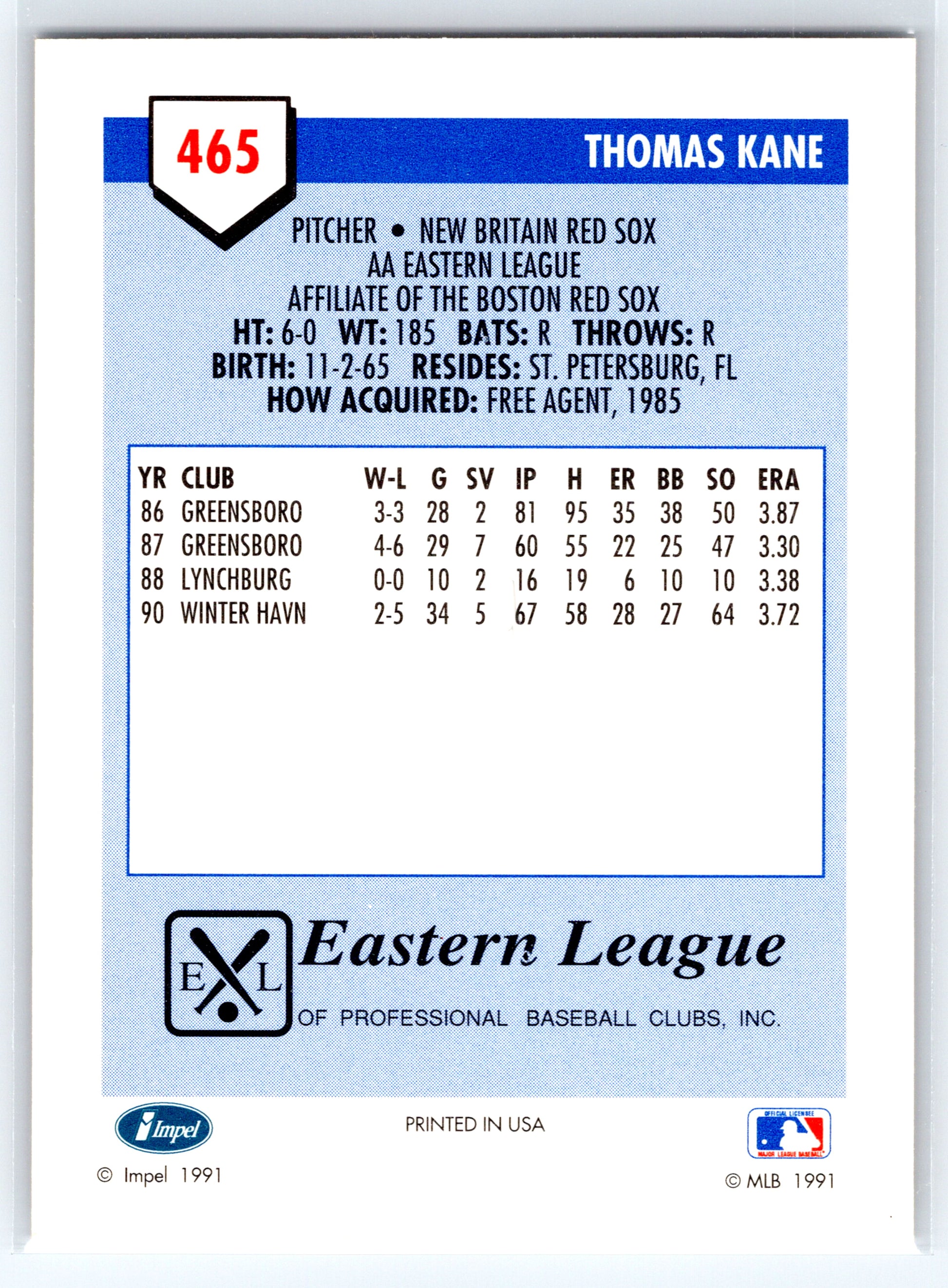 1991 Line Drive AA #465 Thomas Kane