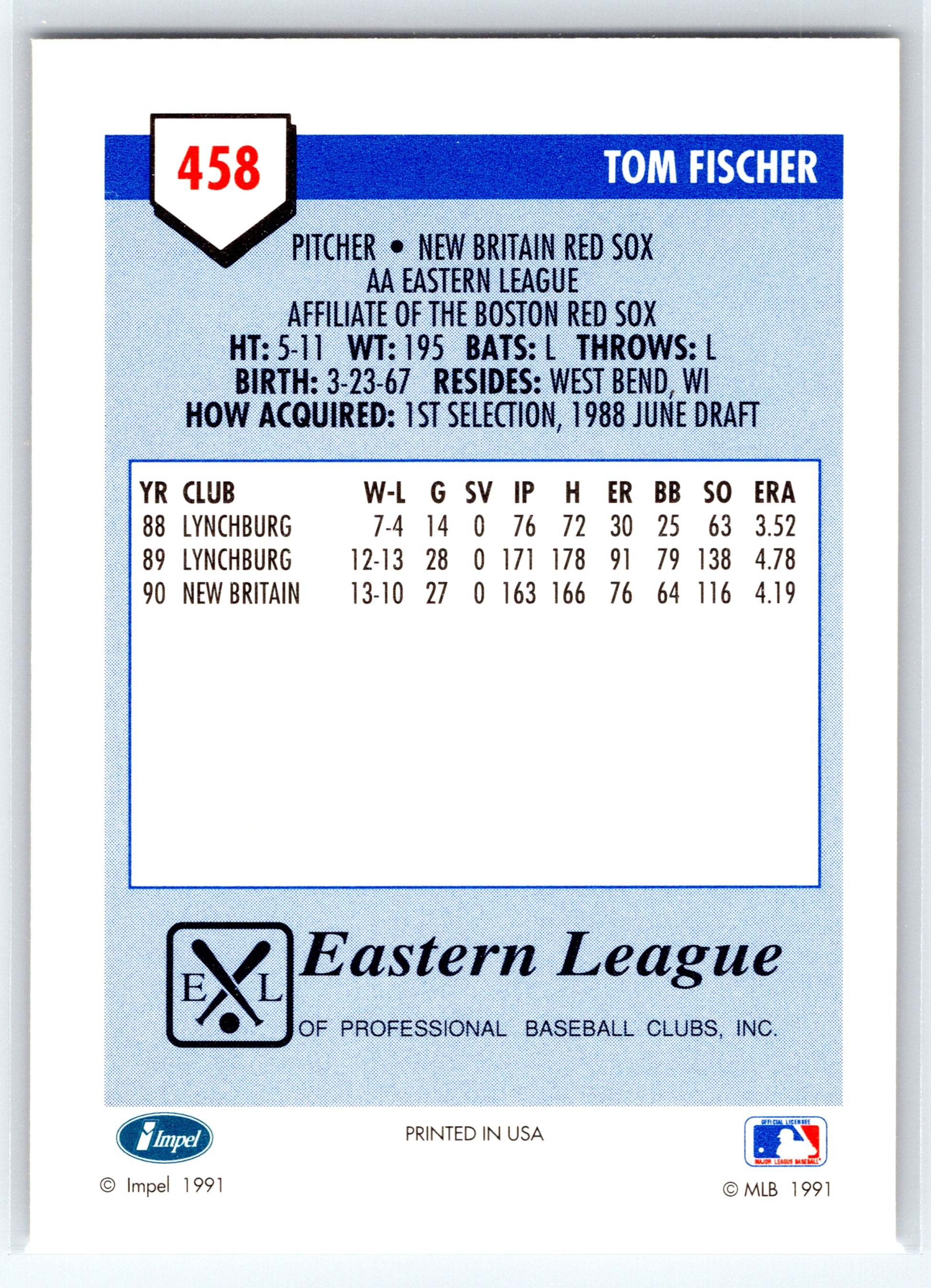 1991 Line Drive AA #458 Tom Fischer