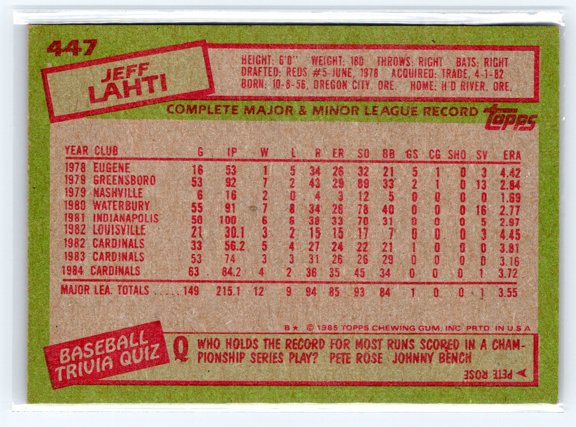 1985 Topps #447 Jeff Lahti