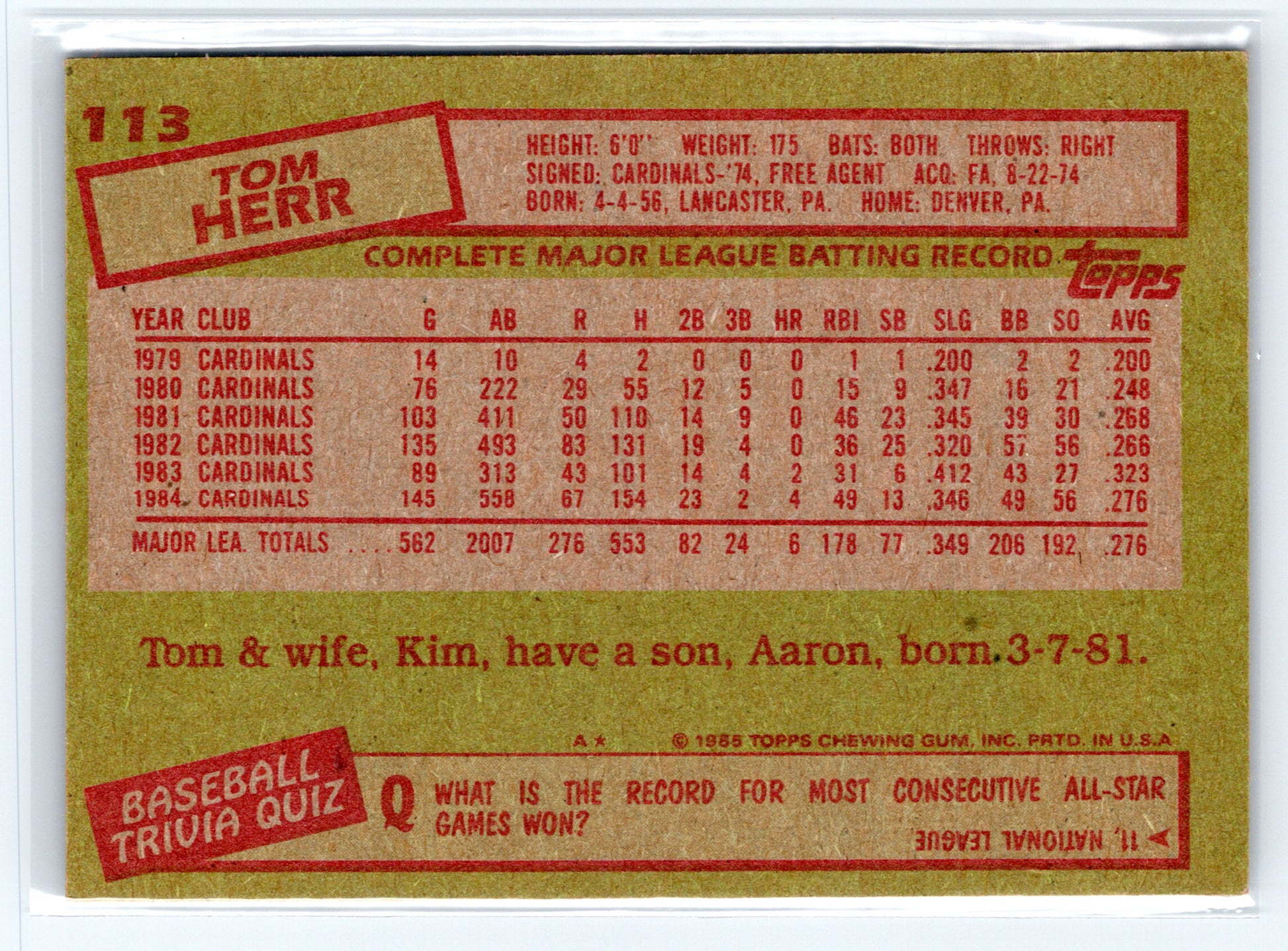 1985 Topps #113 Tom Herr