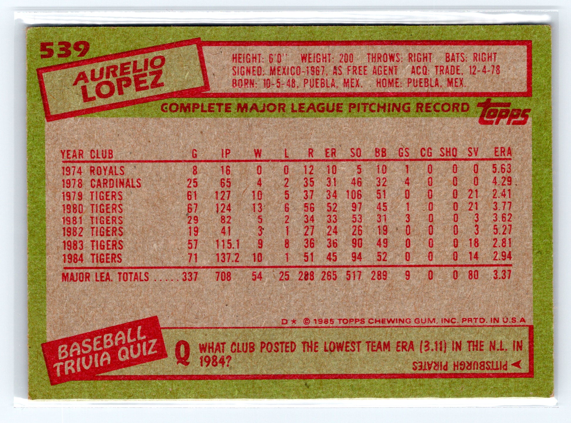 1985 Topps #539 Aurelio Lopez