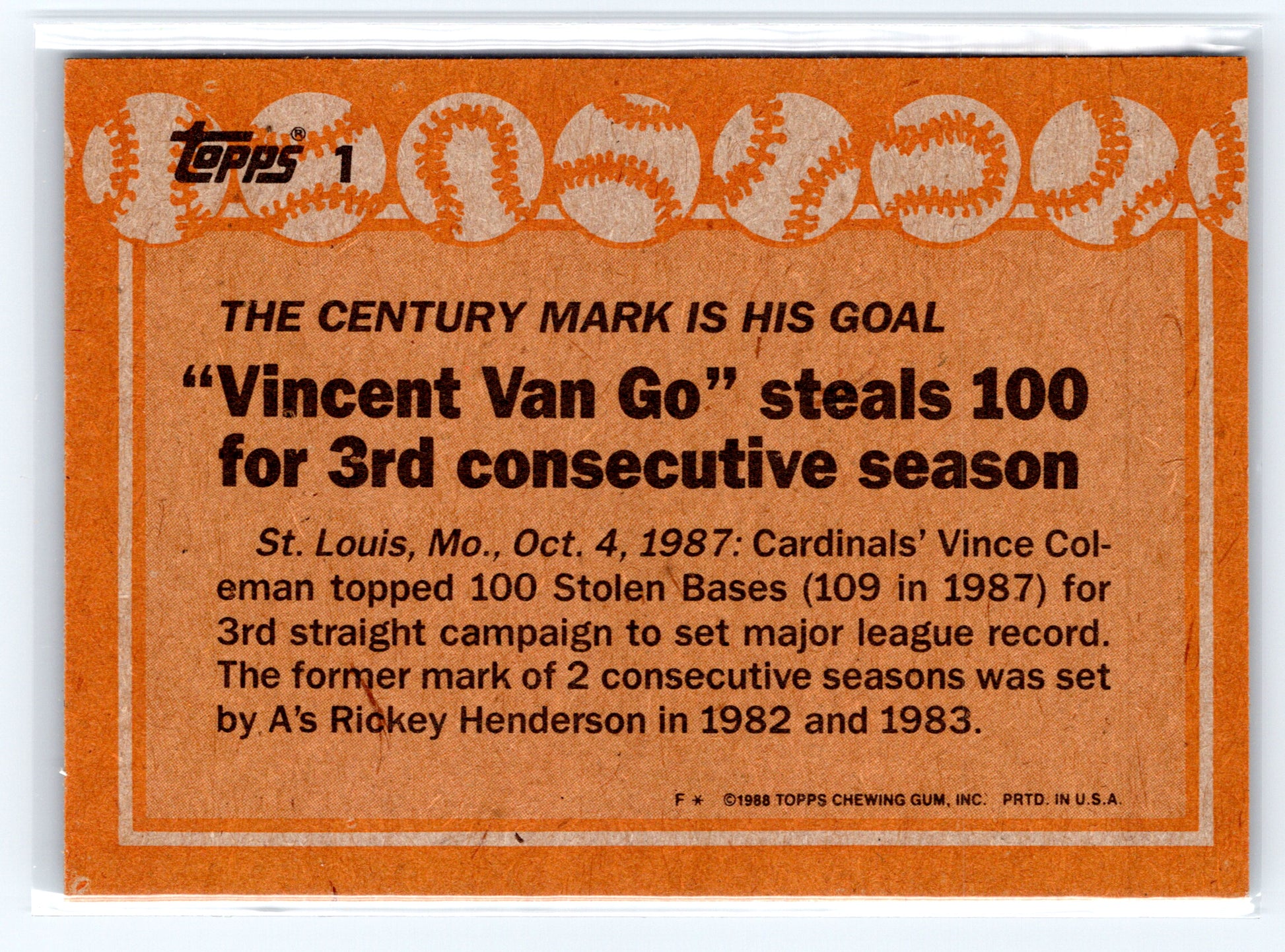 1988 Topps #1 Vince Coleman