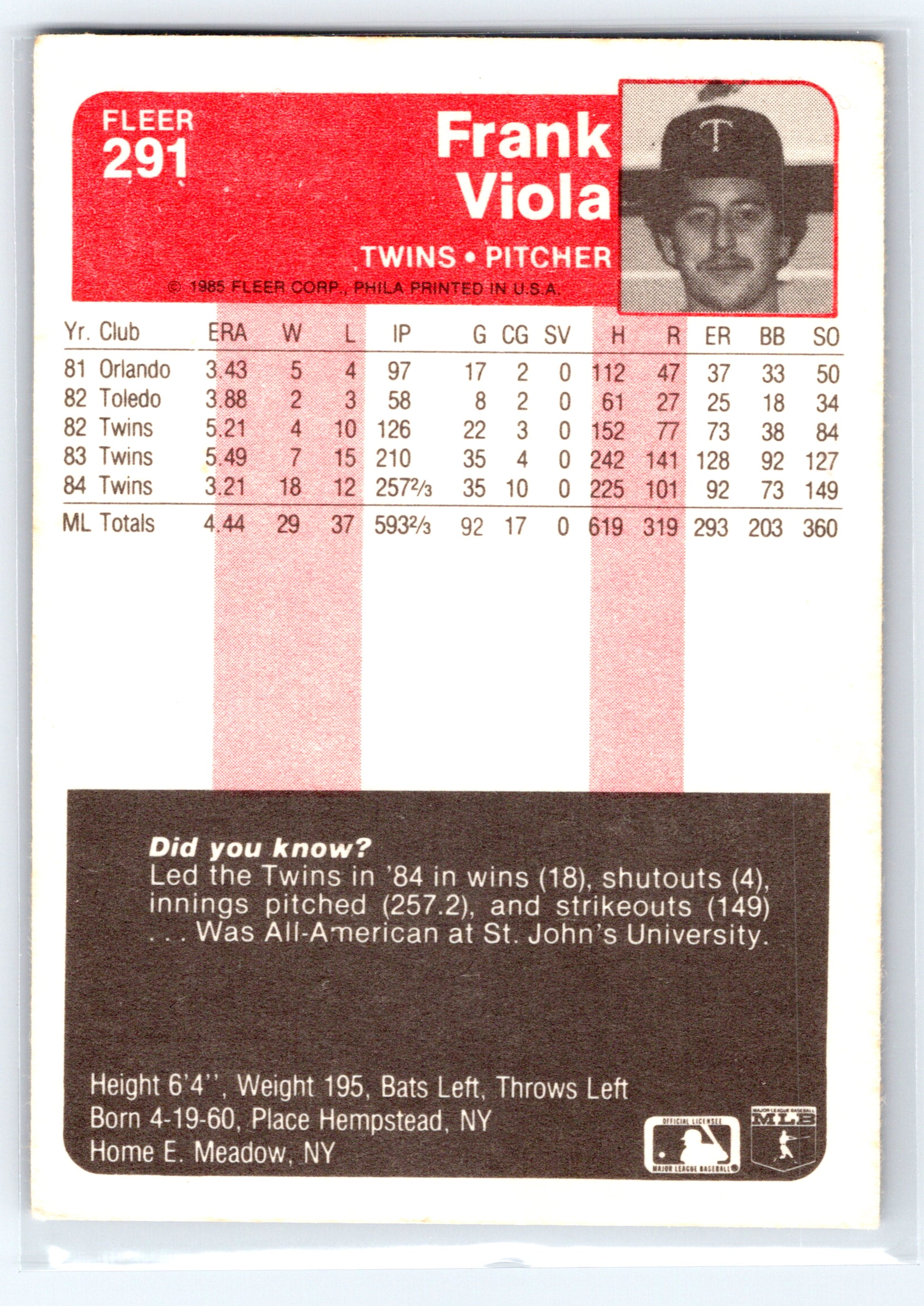 1985 Fleer #291 Frank Viola