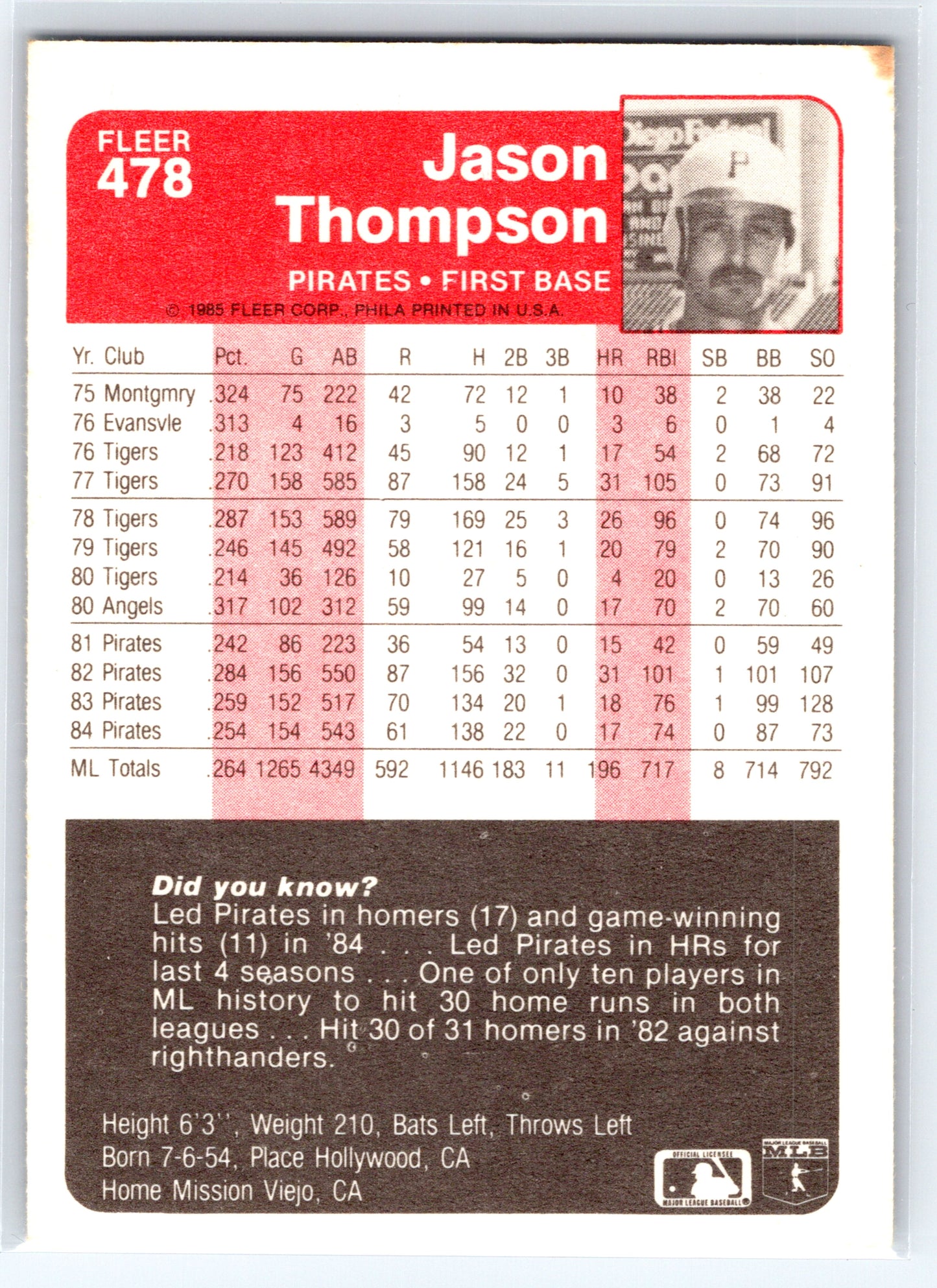 1985 Fleer #478 Jason Thompson