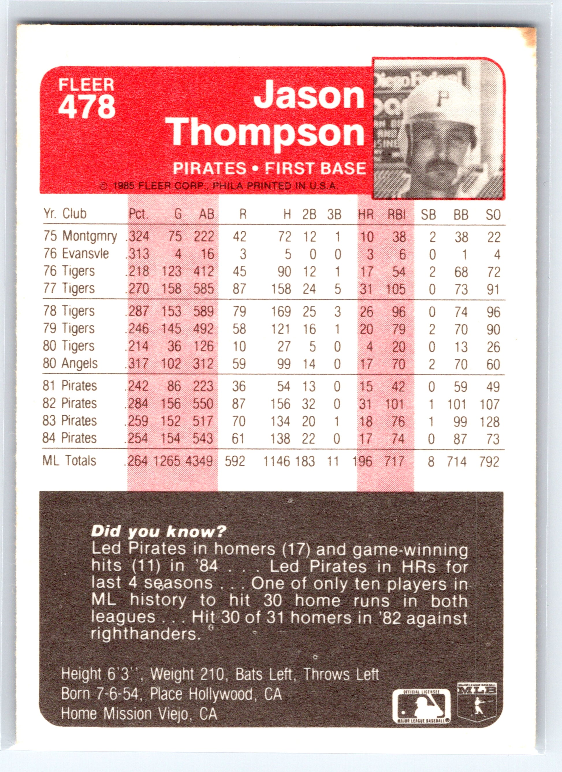 1985 Fleer #478 Jason Thompson