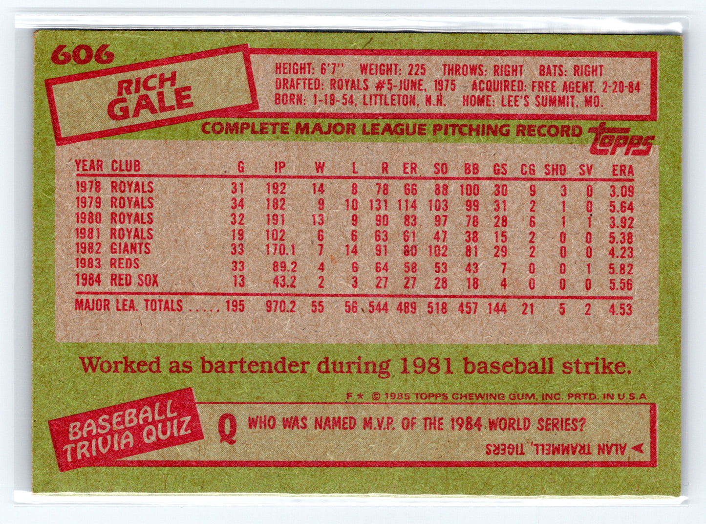 1985 Topps #606 Rich Gale