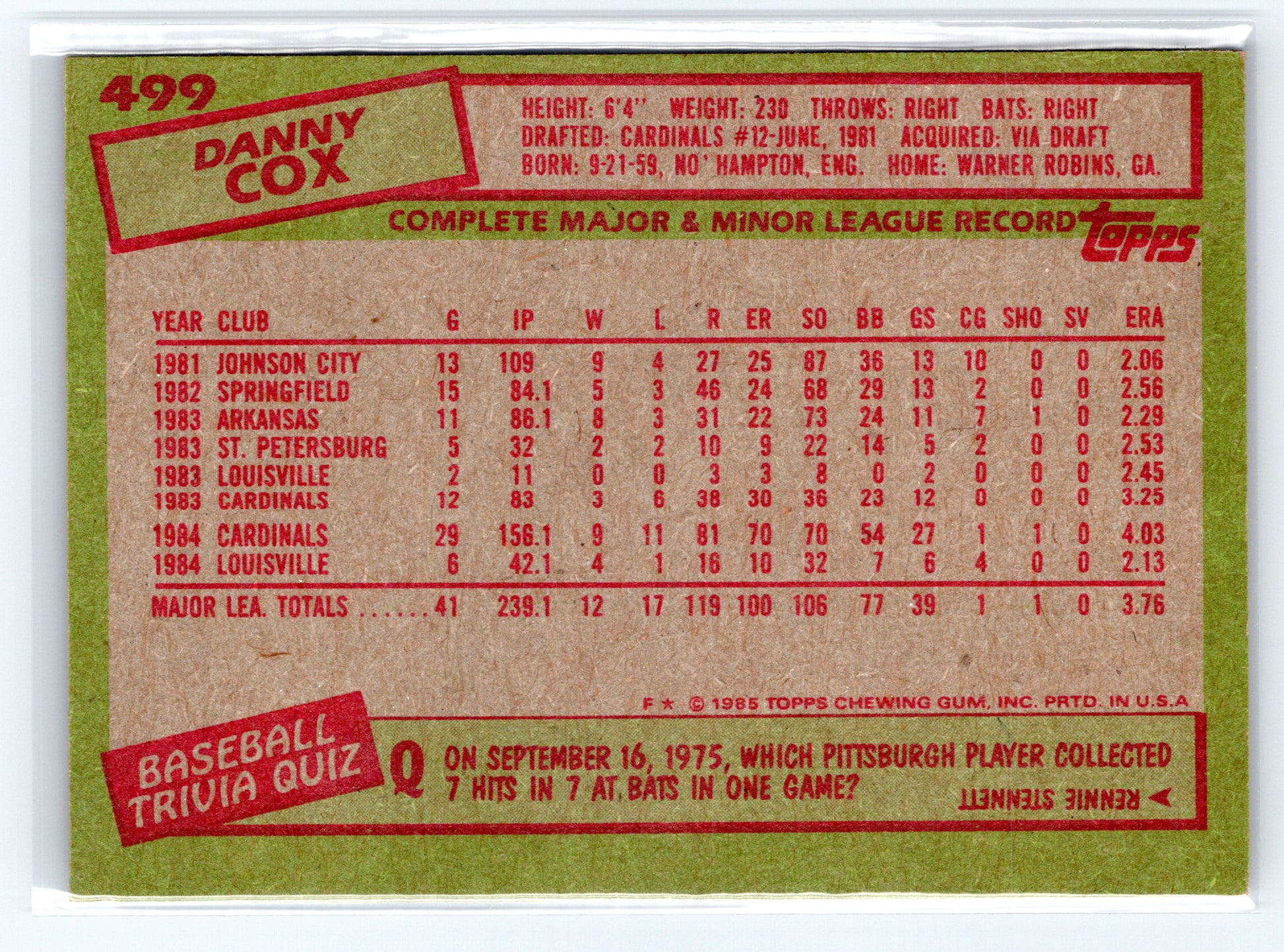 1985 Topps #499 Danny Cox