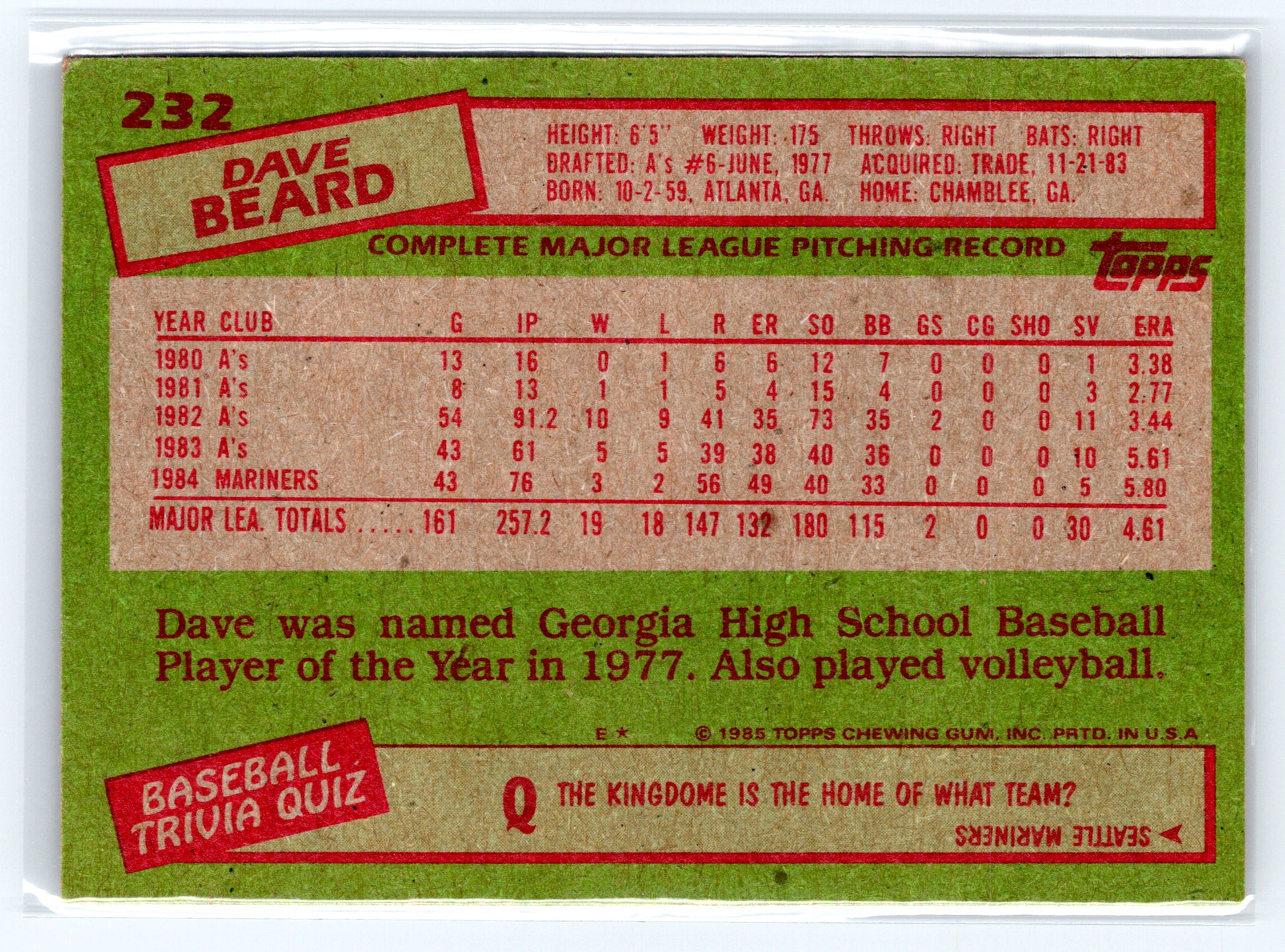 1985 Topps #232 Dave Beard