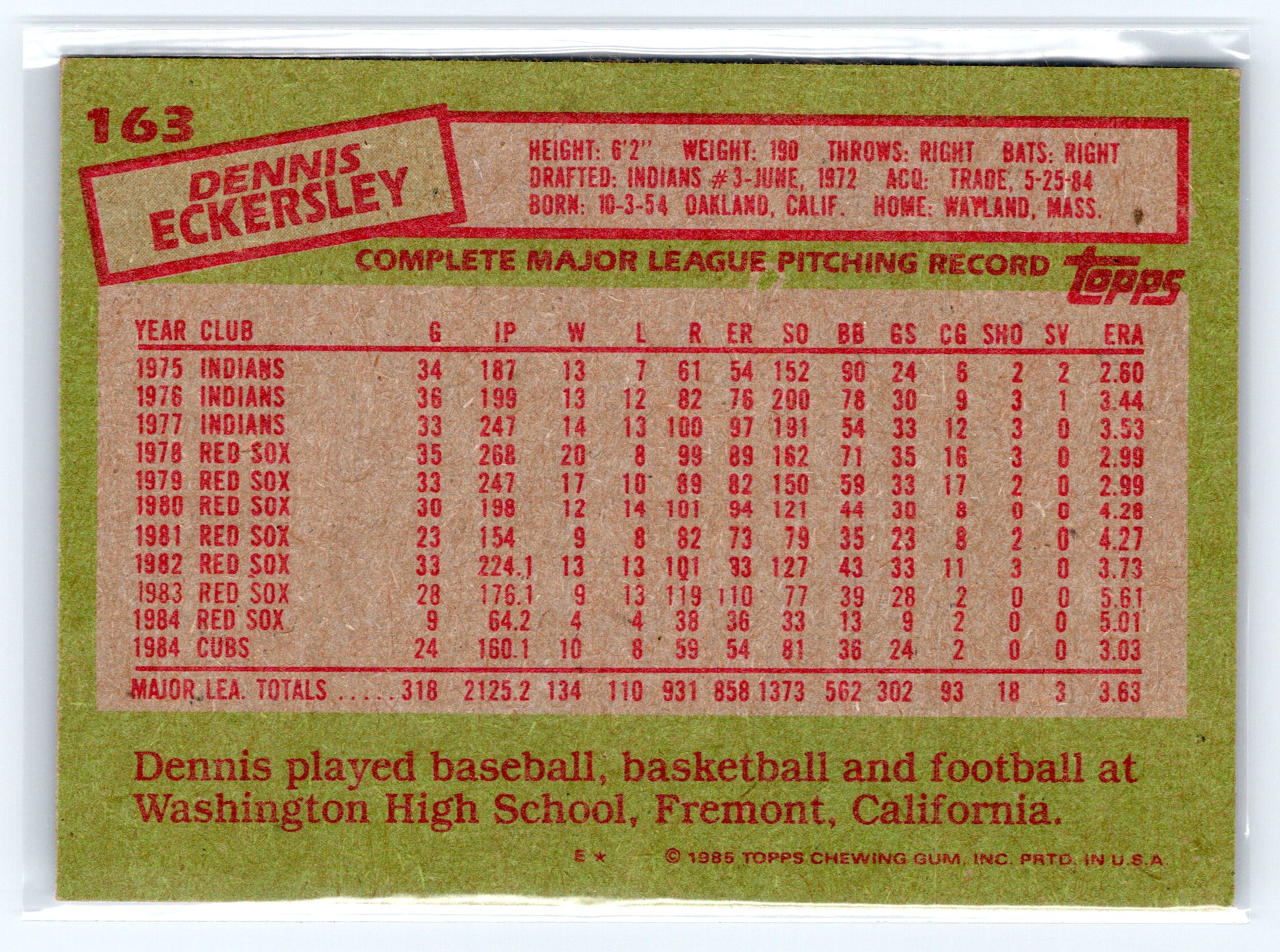 1985 Topps #163 Dennis Eckersley