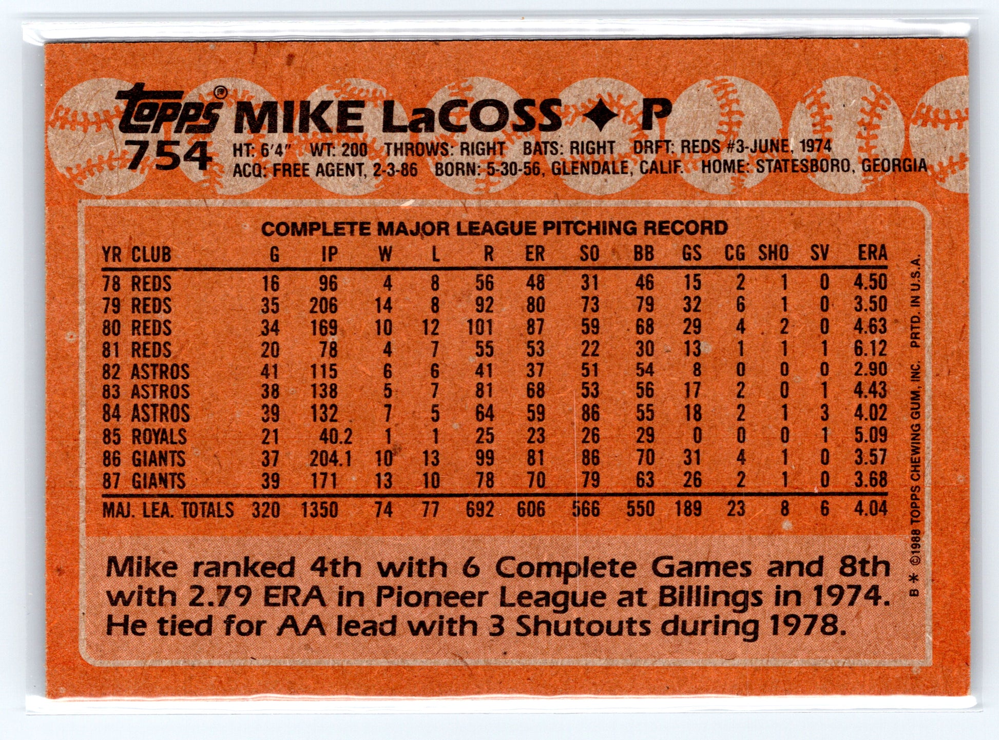 1988 Topps #754 Mike LaCoss