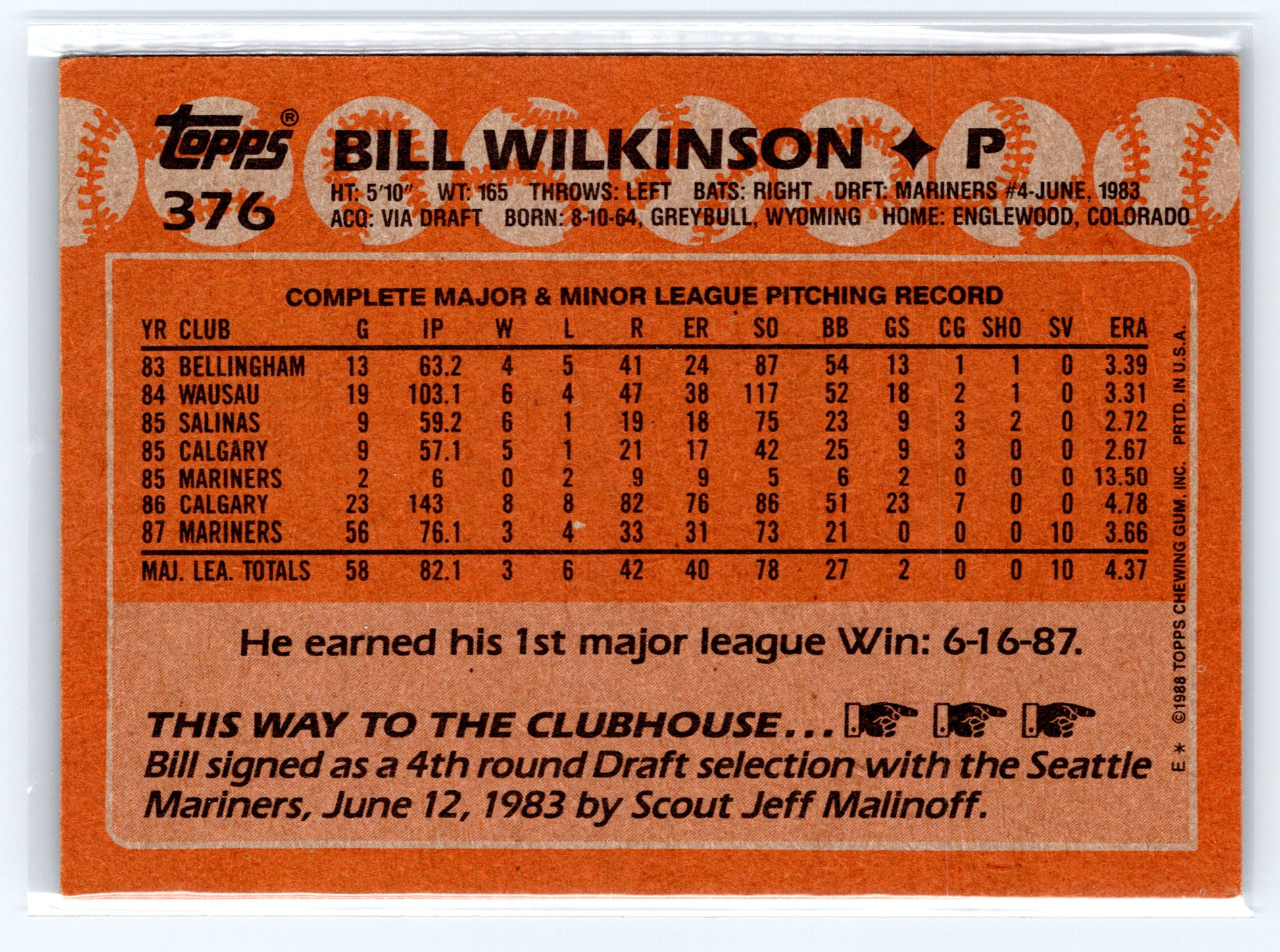 1988 Topps #376 Bill Wilkinson