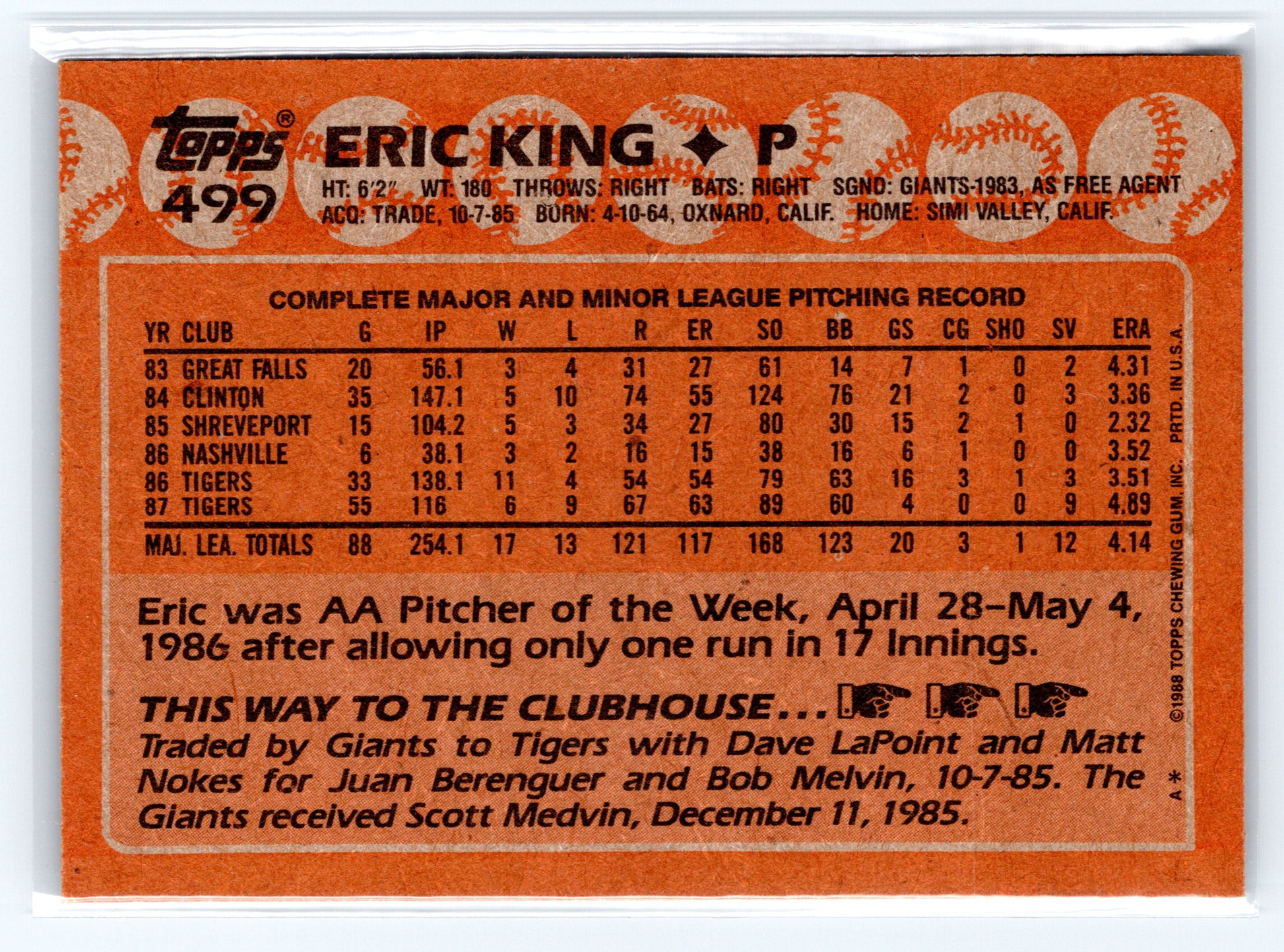 1988 Topps #499 Eric King