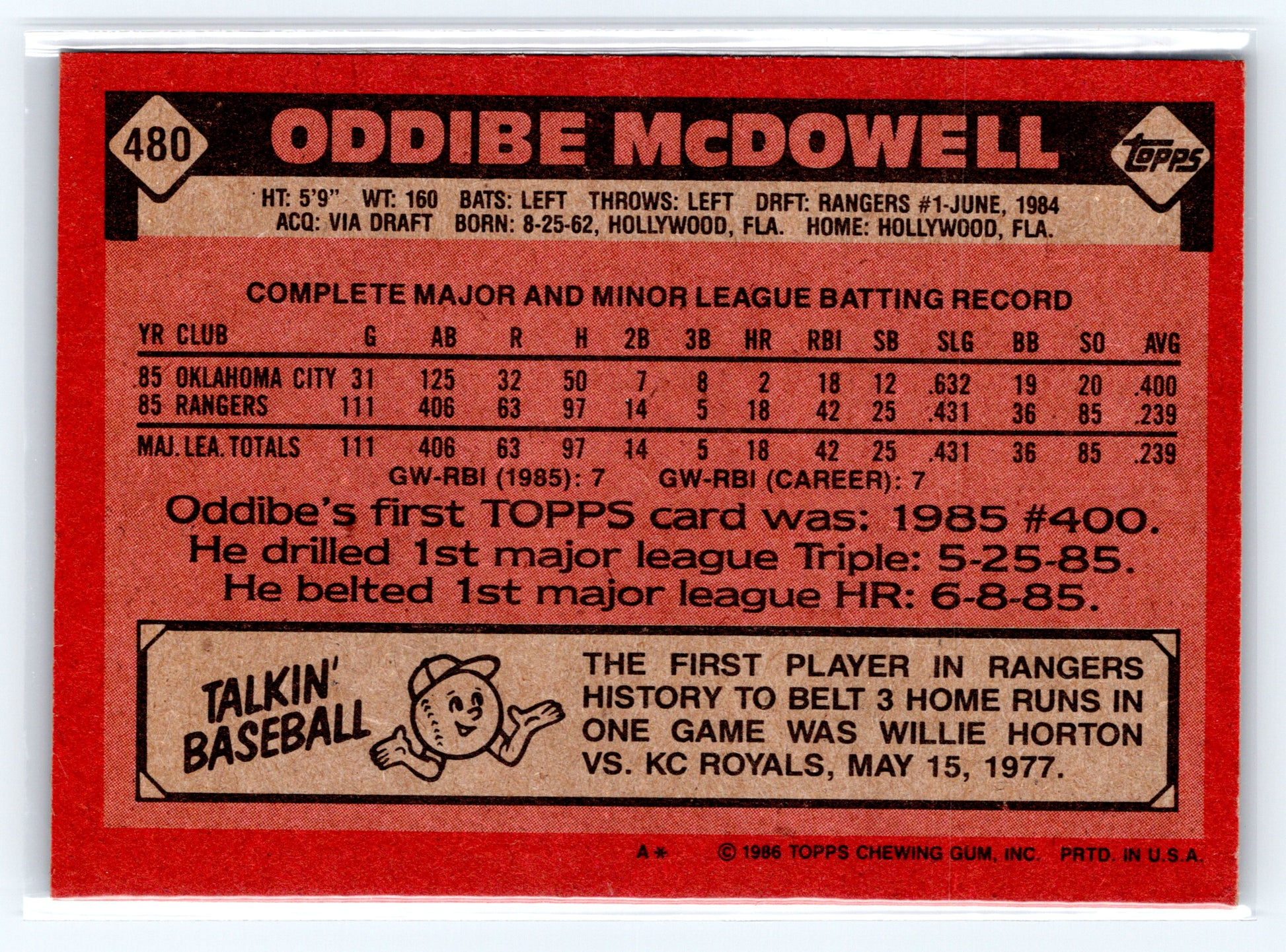 1986 Topps #480 Oddibe McDowell