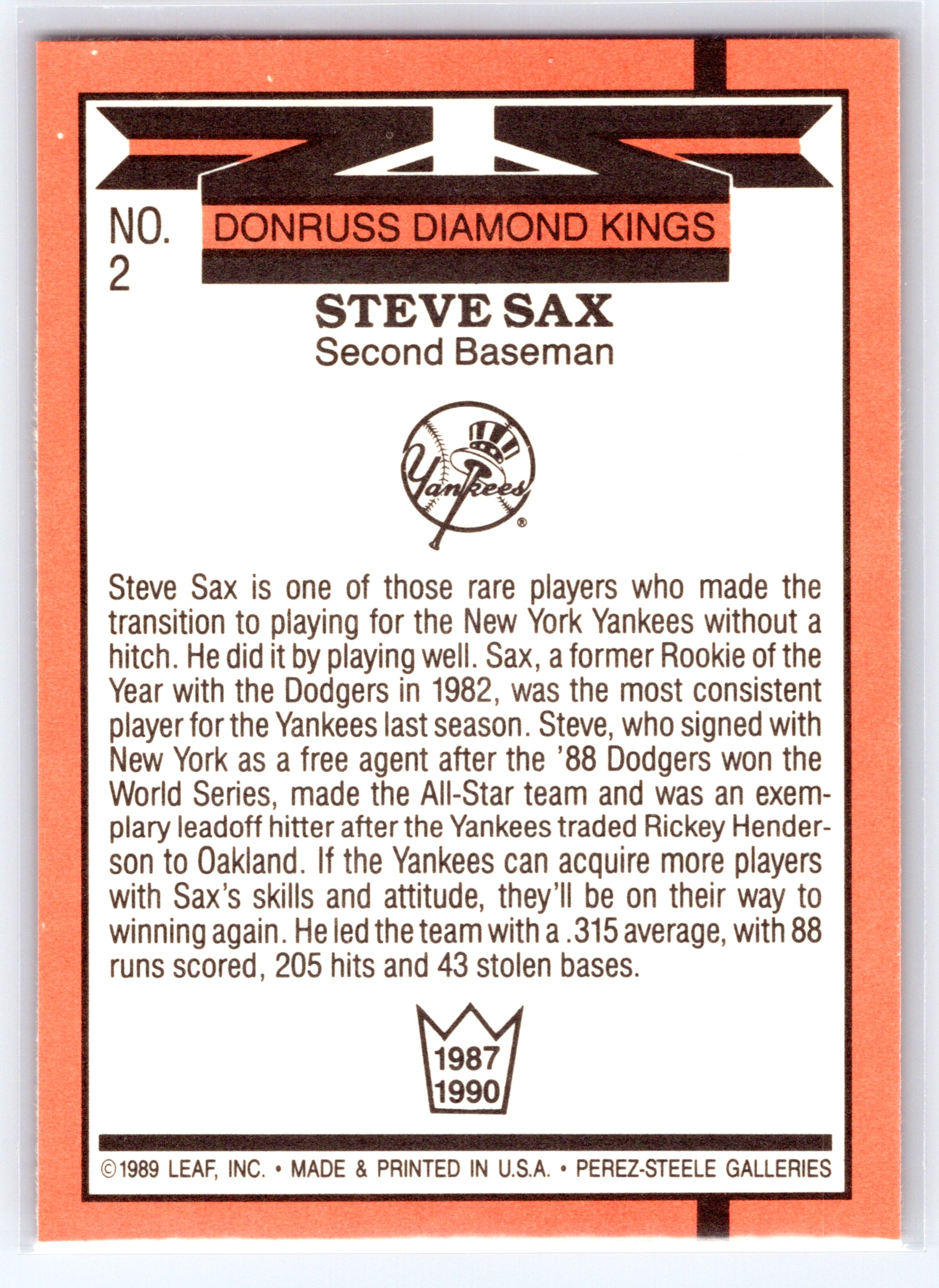 1989 Donruss #2 Steve Sax