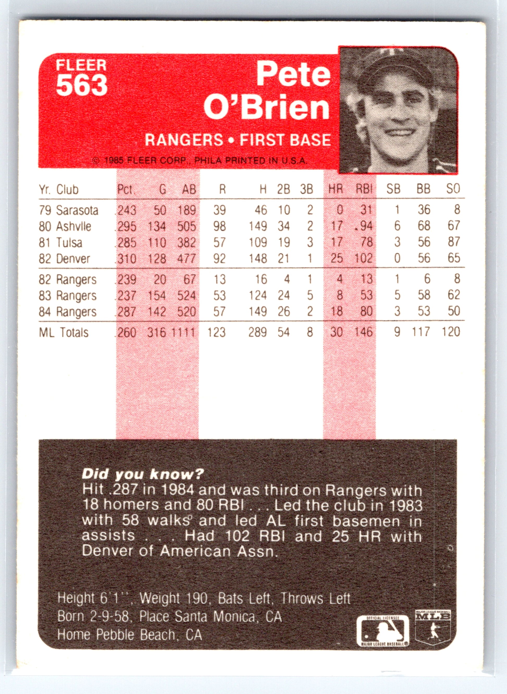 1985 Fleer #563 Pete O'Brien