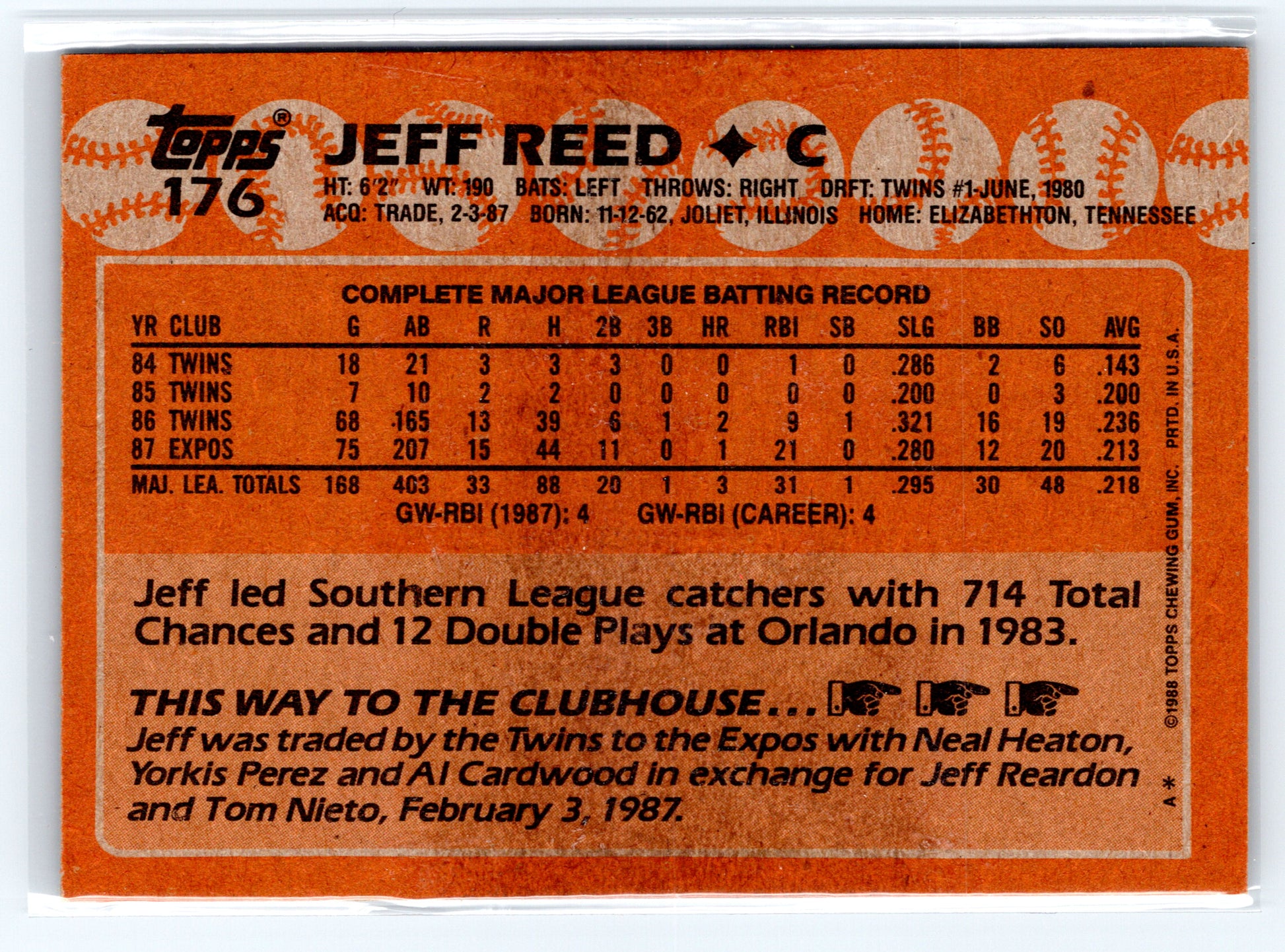 1988 Topps #176 Jeff Reed