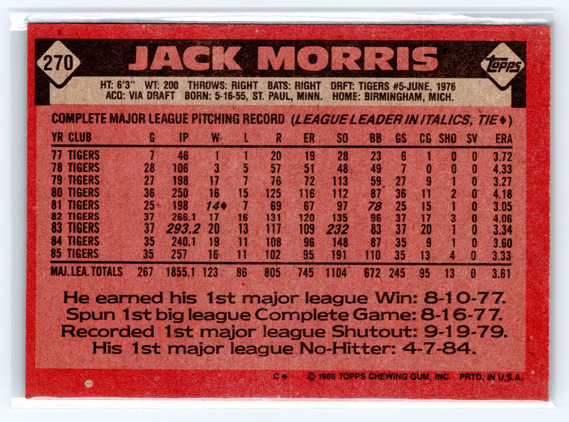 1986 Topps #270 Jack Morris