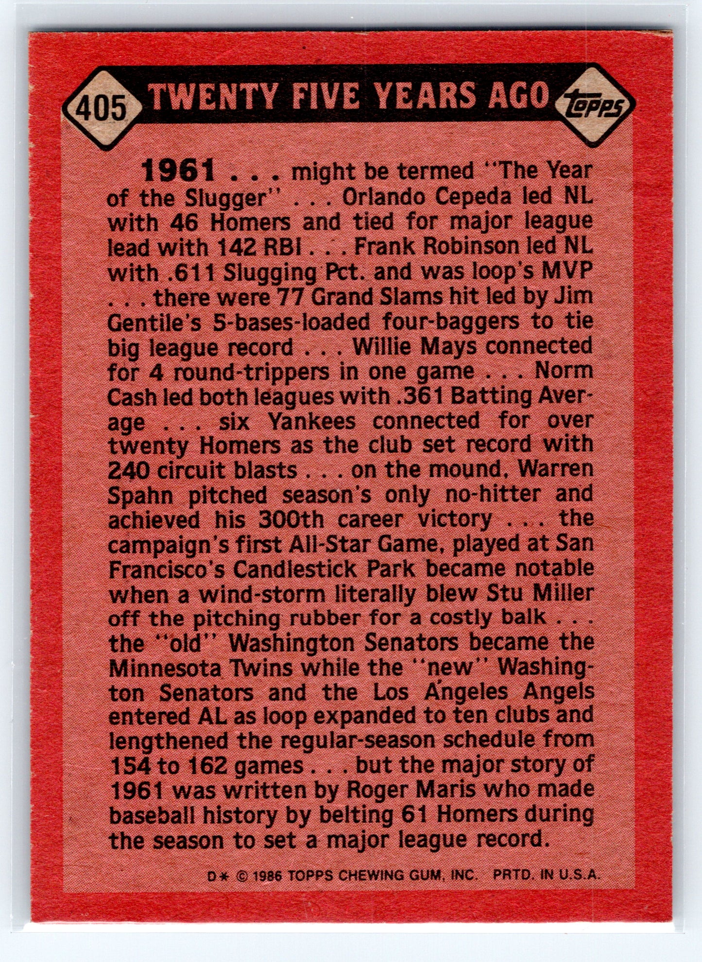 1986 Topps #405 Roger Maris