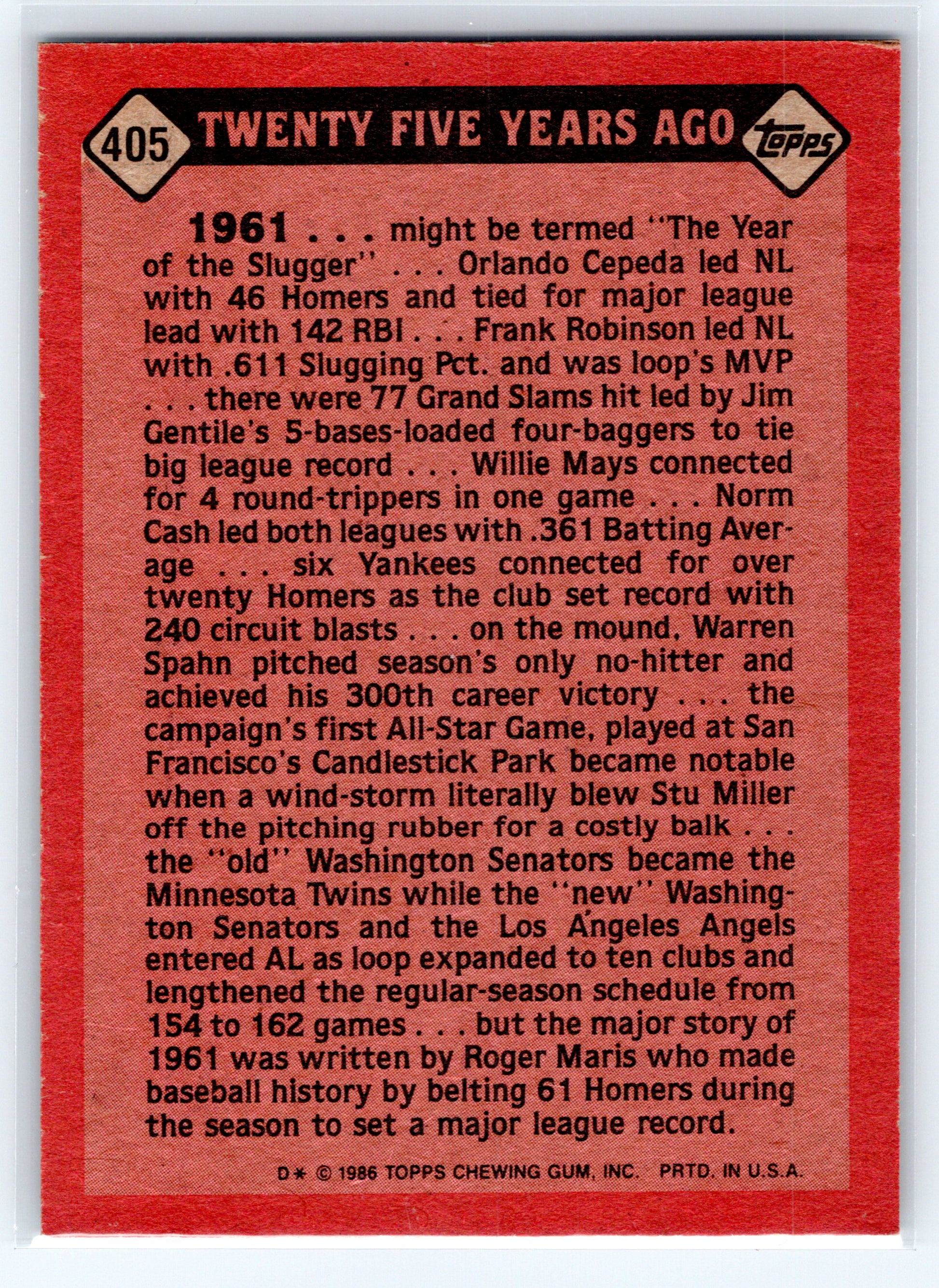 1986 Topps #405 Roger Maris