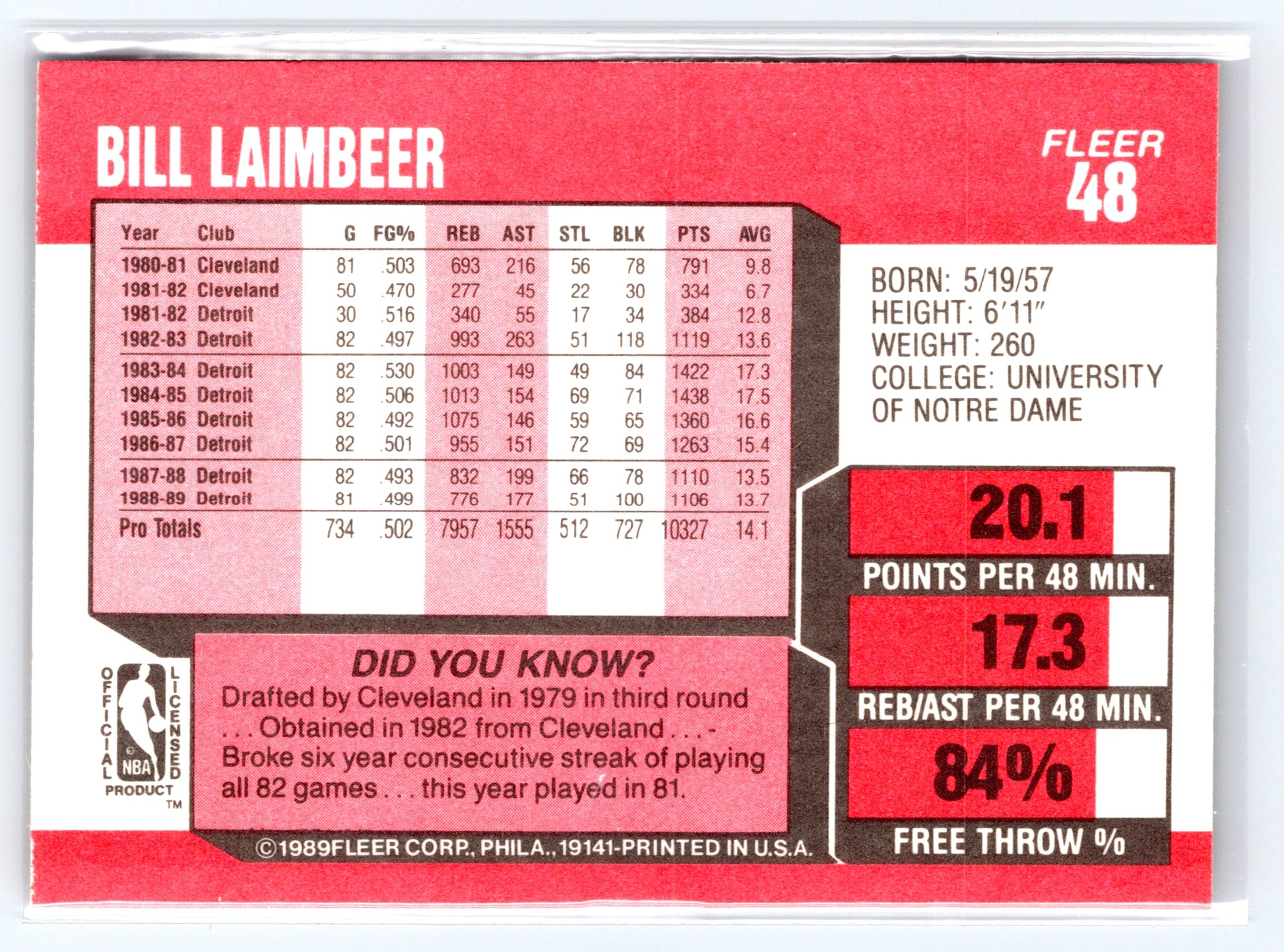1989-90 Fleer #48 Bill Laimbeer