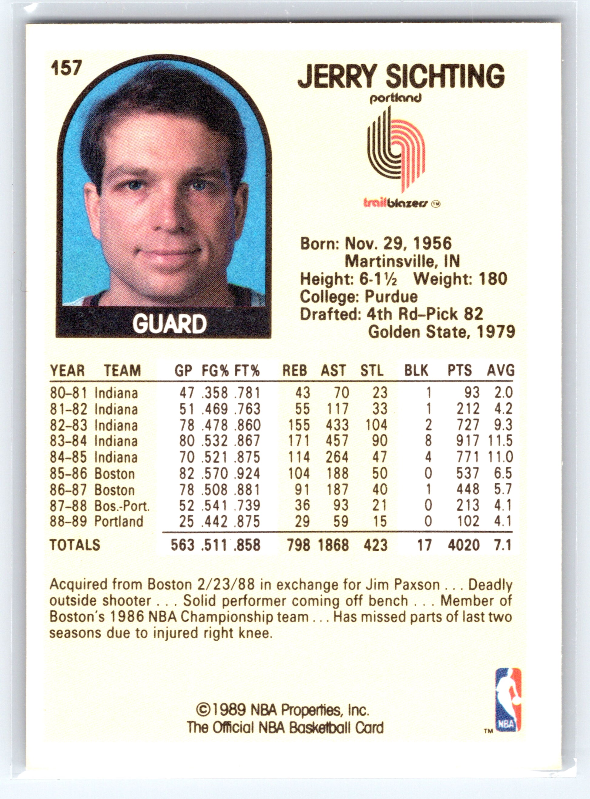 1989-90 Hoops #157 Jerry Sichting