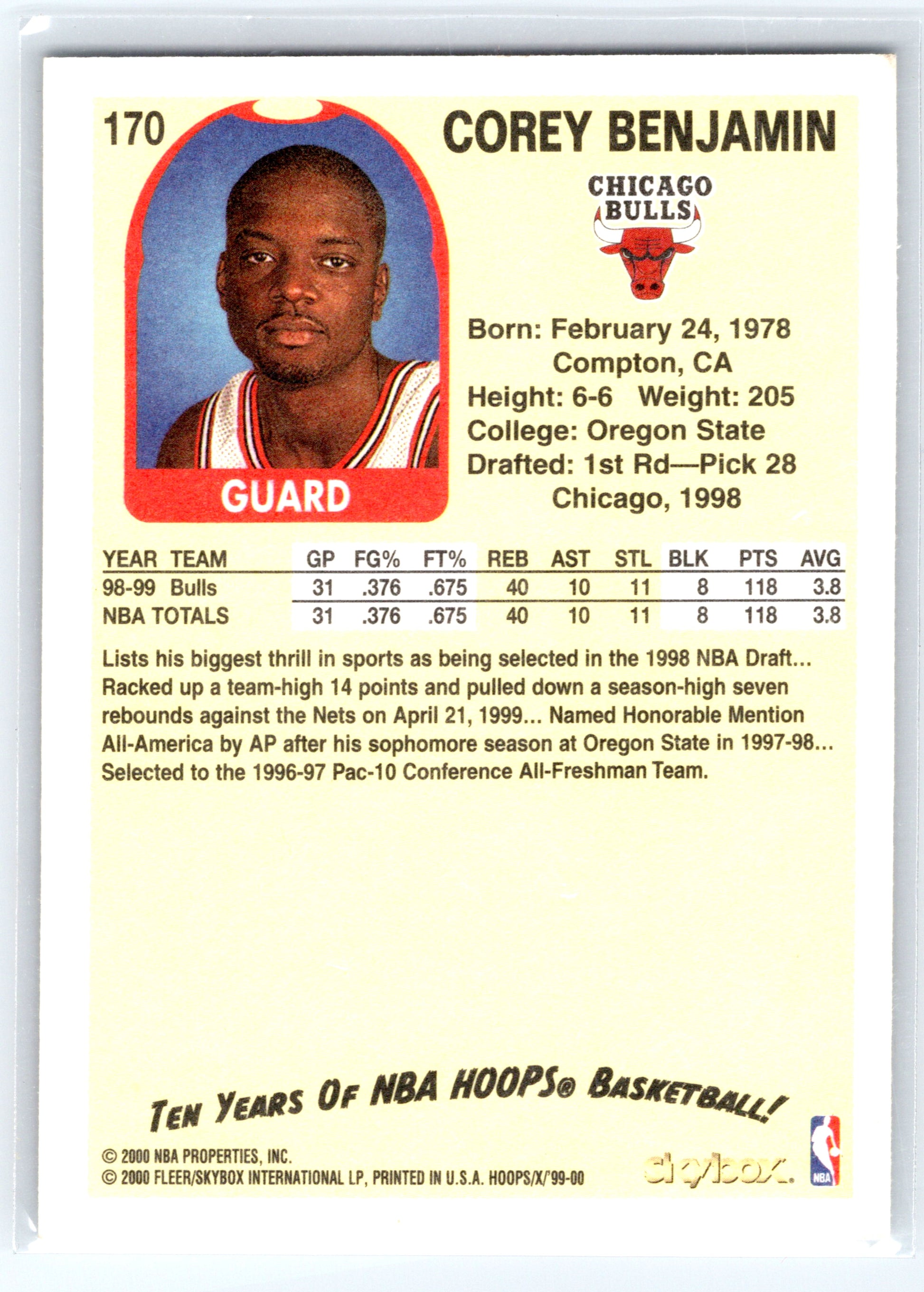1999-00 Hoops Decade #170 Corey Benjamin