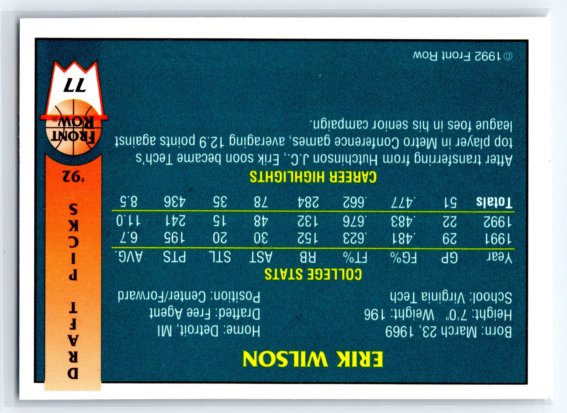 1992 Front Row Draft Picks #77 Erik Wilson