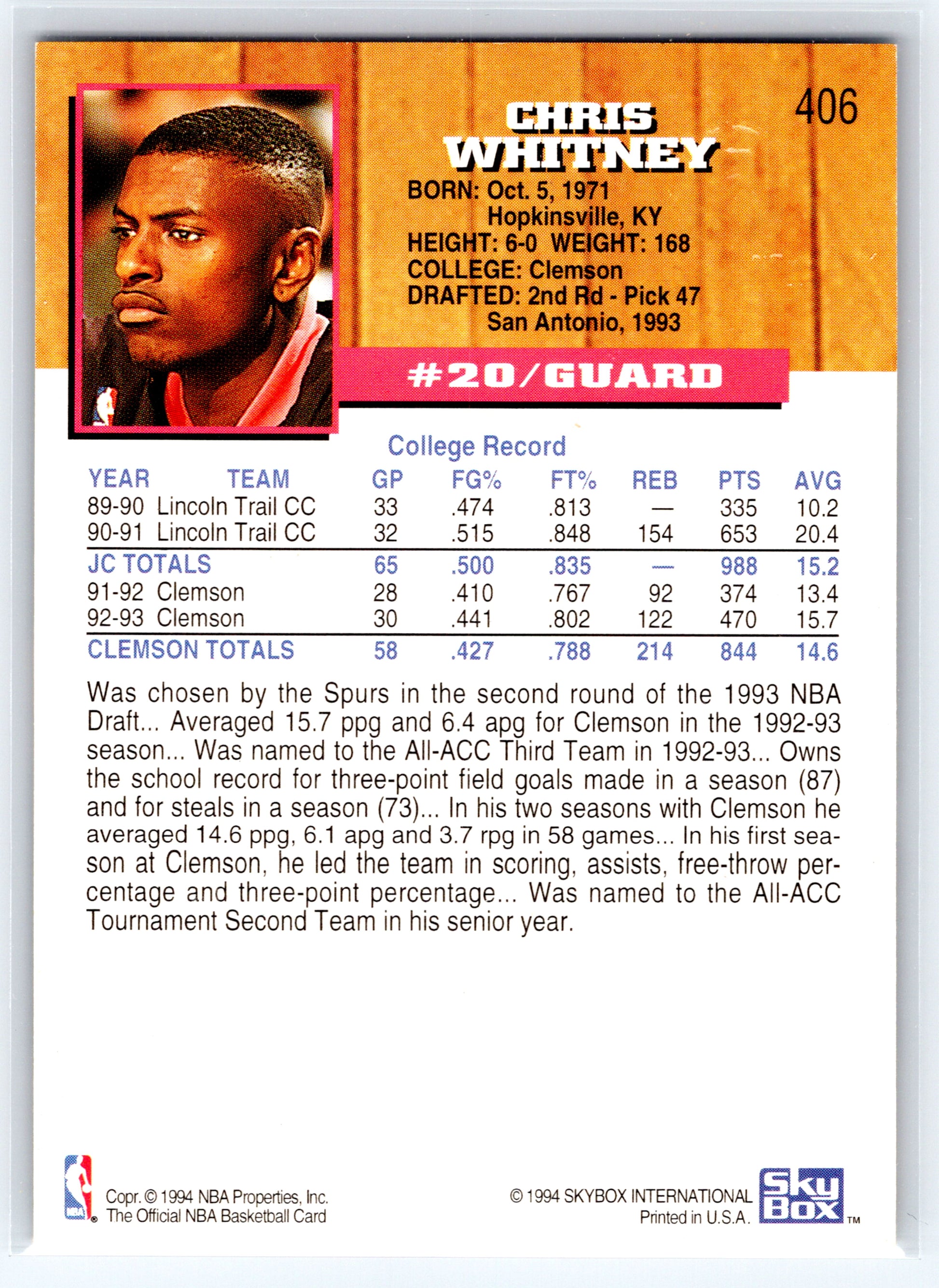 1993-94 Hoops #406 Chris Whitney Fifth Anniversary Gold