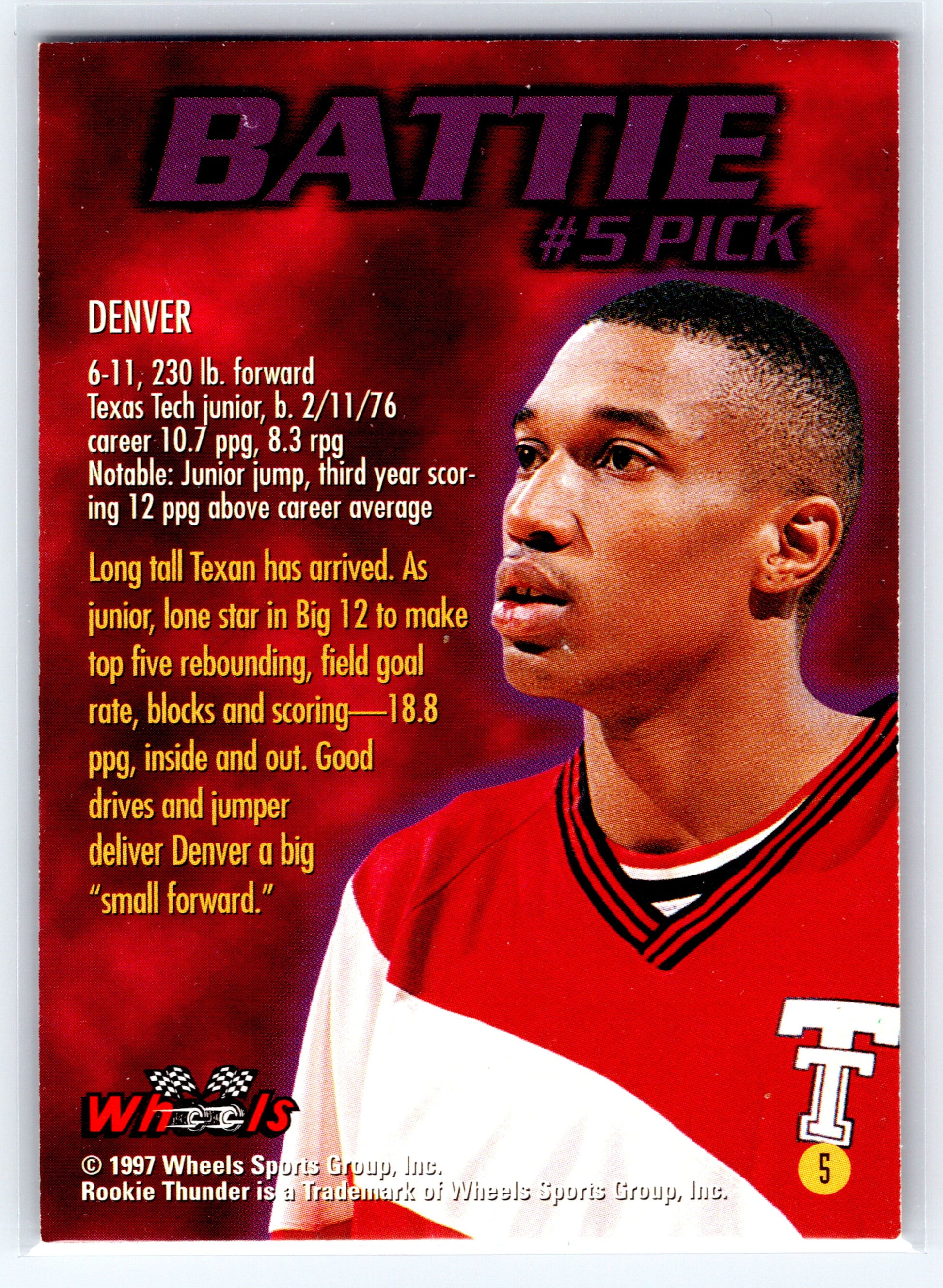 1997 Wheels Rookie Thunder #5 Tony Battie