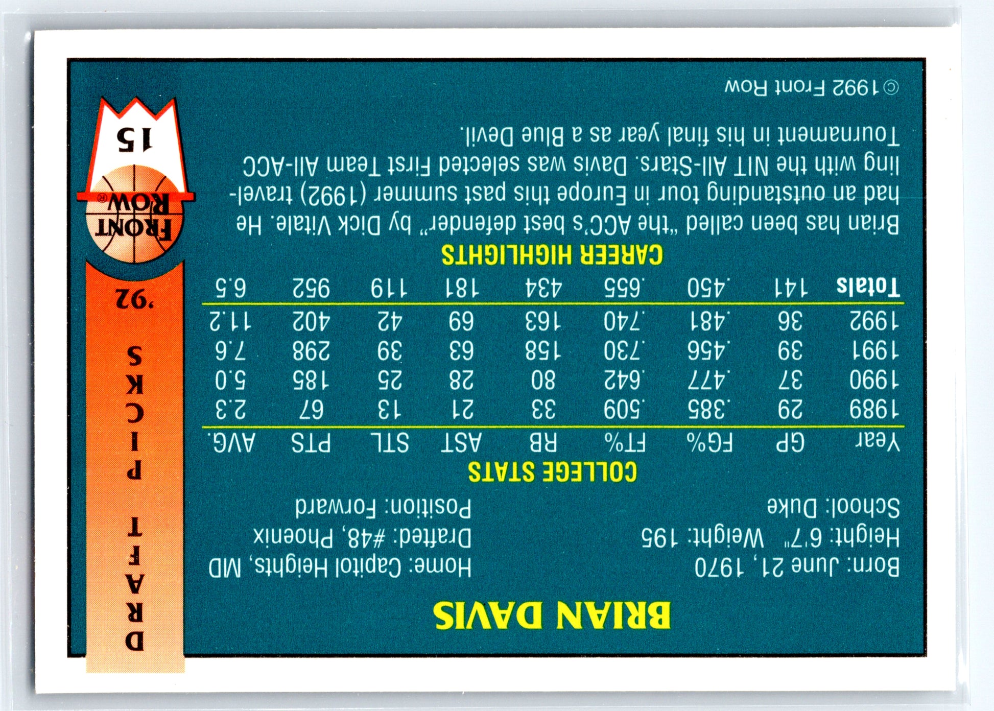 1992 Front Row Draft Picks #15 Brian Davis