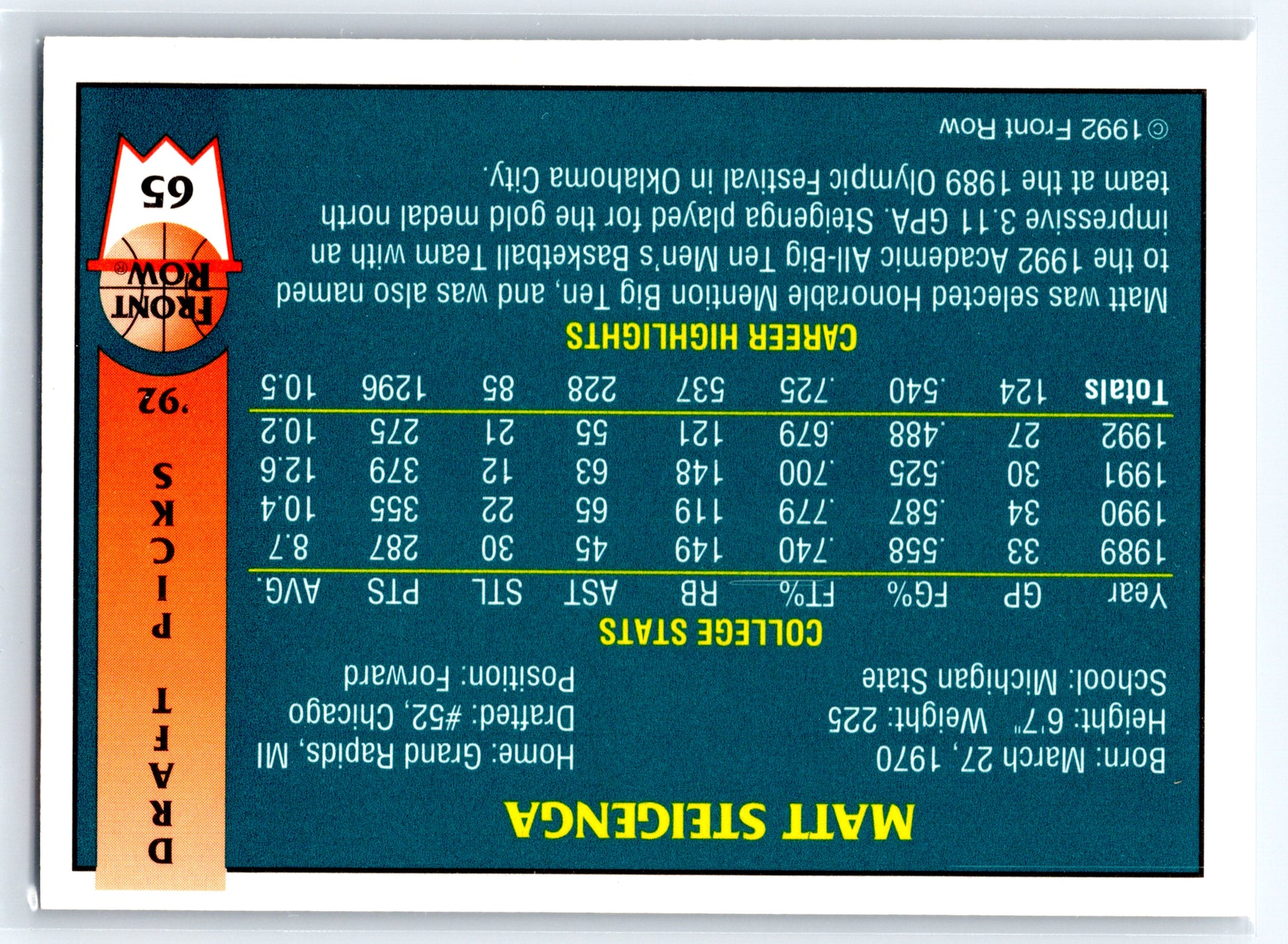 1992 Front Row Draft Picks #65 Matt Steigenga