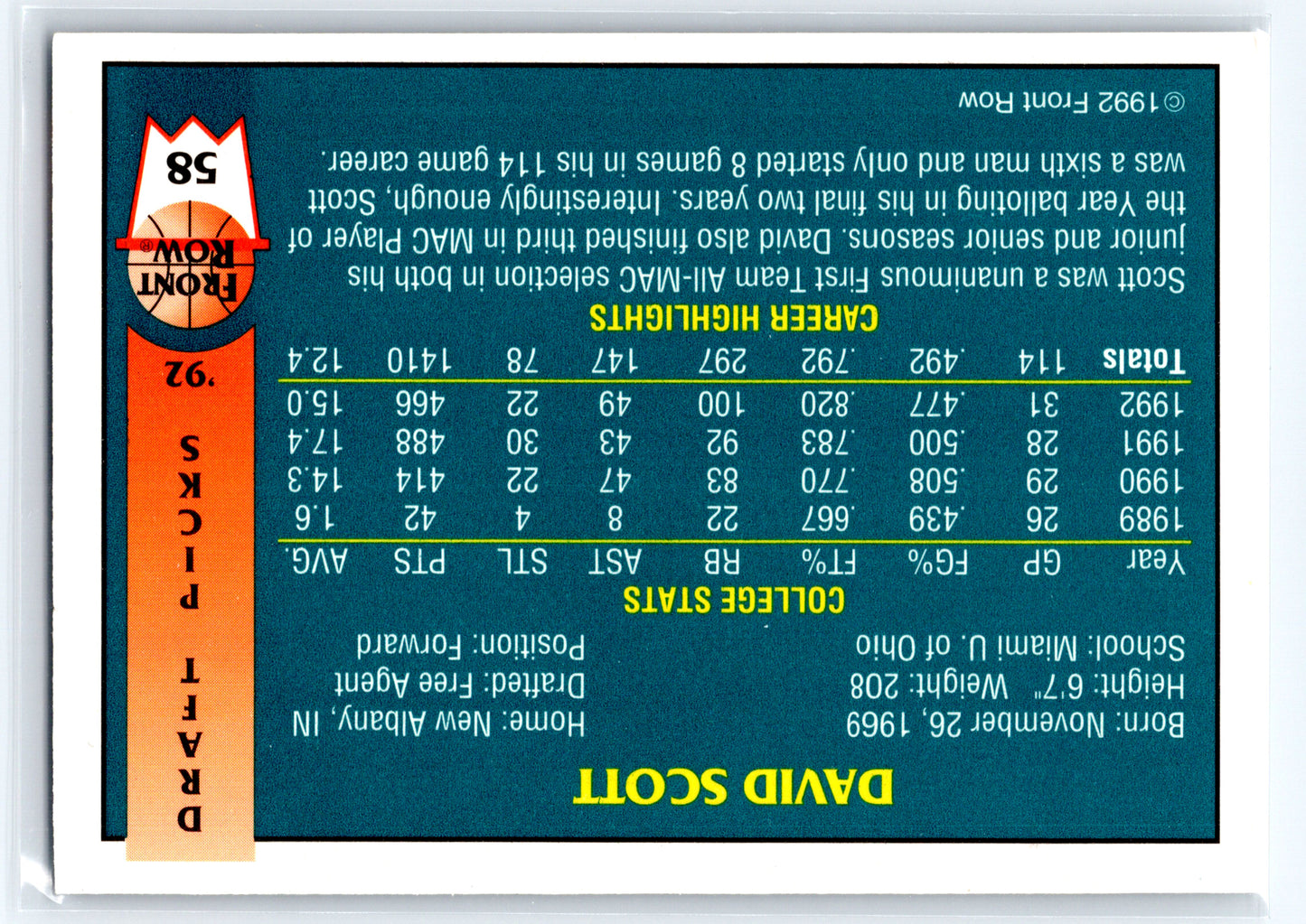 1992 Front Row Draft Picks #58 David Scott
